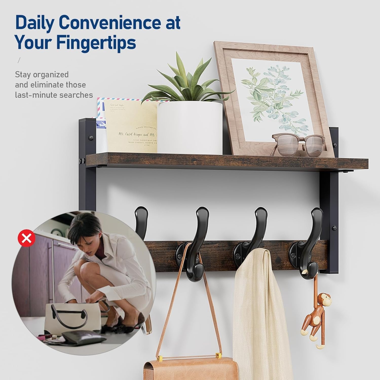 16” Rustic Brown Wall Mounted Coat Rack with Shelf | Heavy Duty Hooks