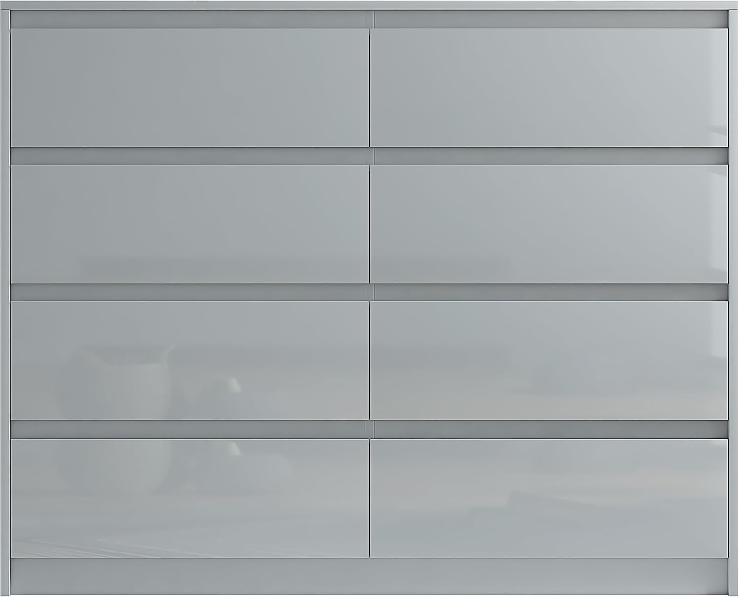 Glossy Grey 8 Drawer Chest - Modern Handleless Bedroom Storage Cabinet