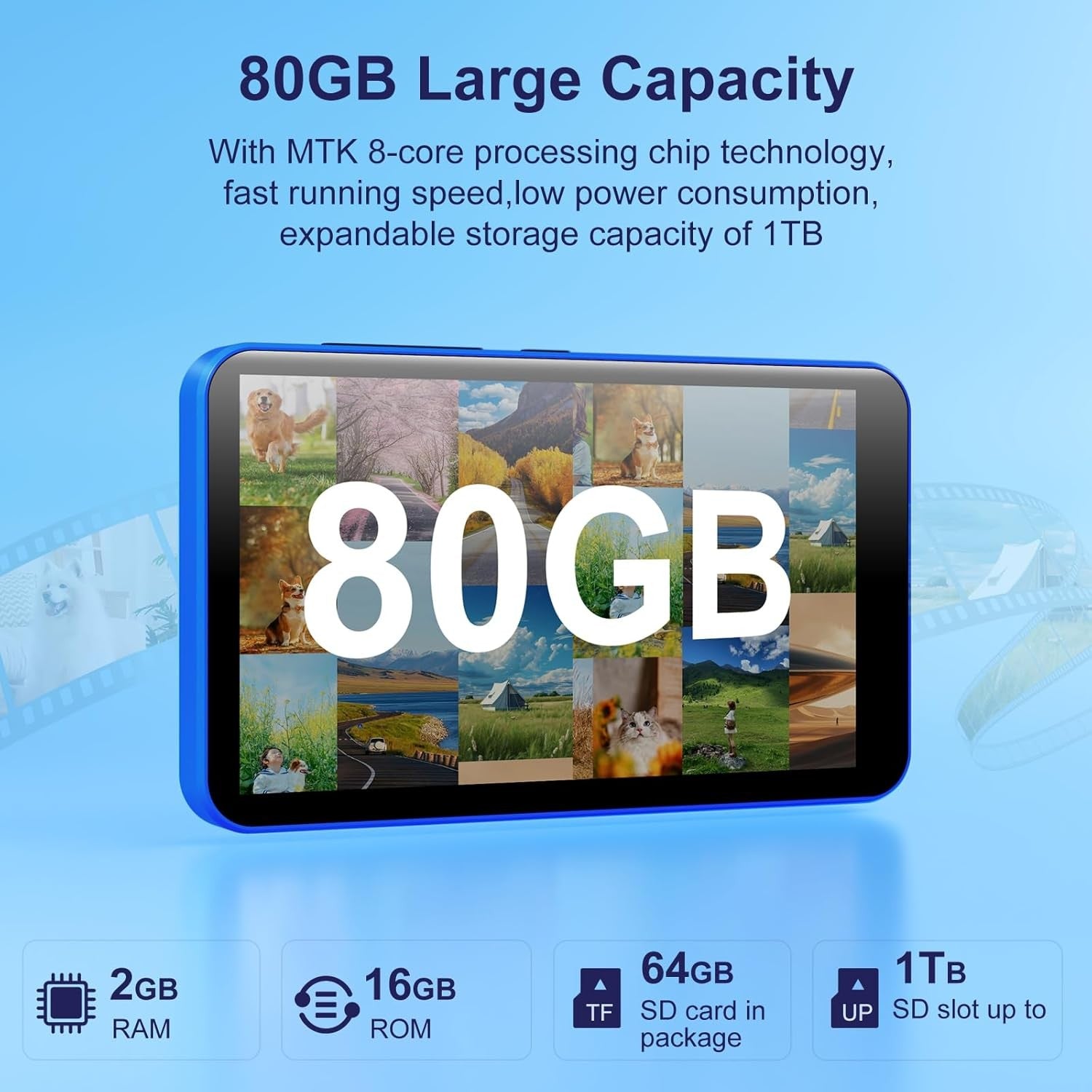 80GB MP3 Player Bluetooth WiFi 4" Touchscreen FM Radio Blue