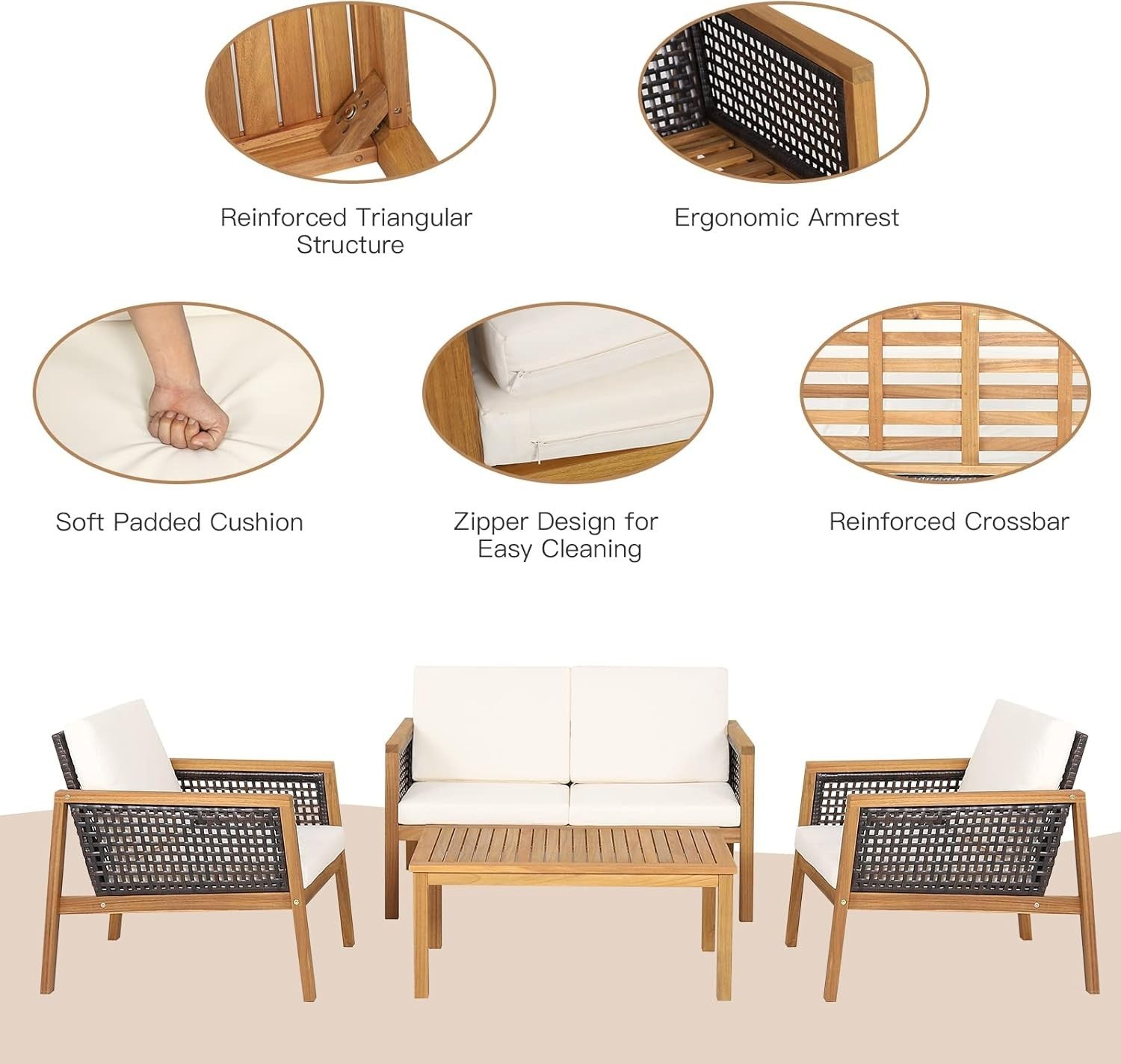 4PC Rattan Garden Sofa Set Outdoor Patio Furniture Acacia Wood