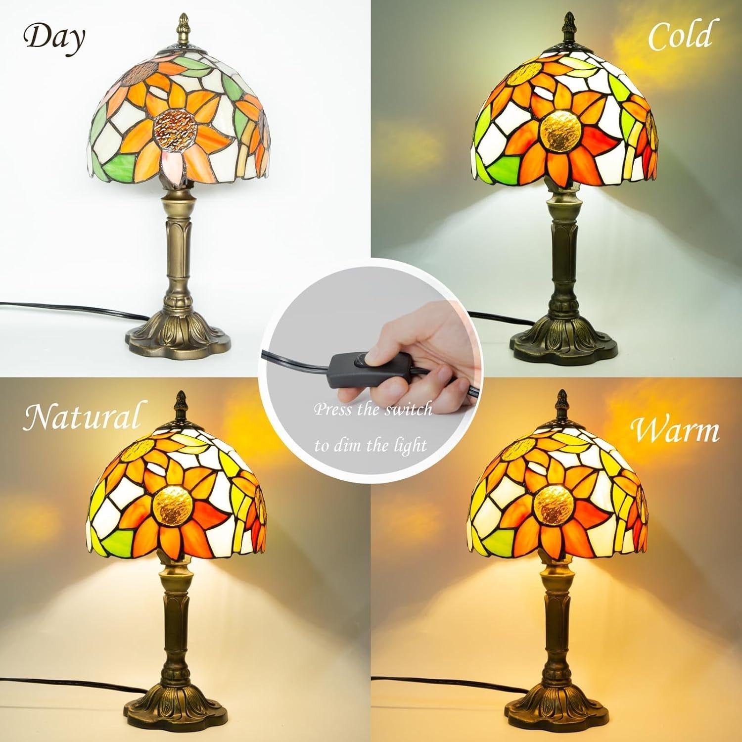 Sunflower Tiffany Table Lamp | Dimmable LED | Vintage Bedside Light
