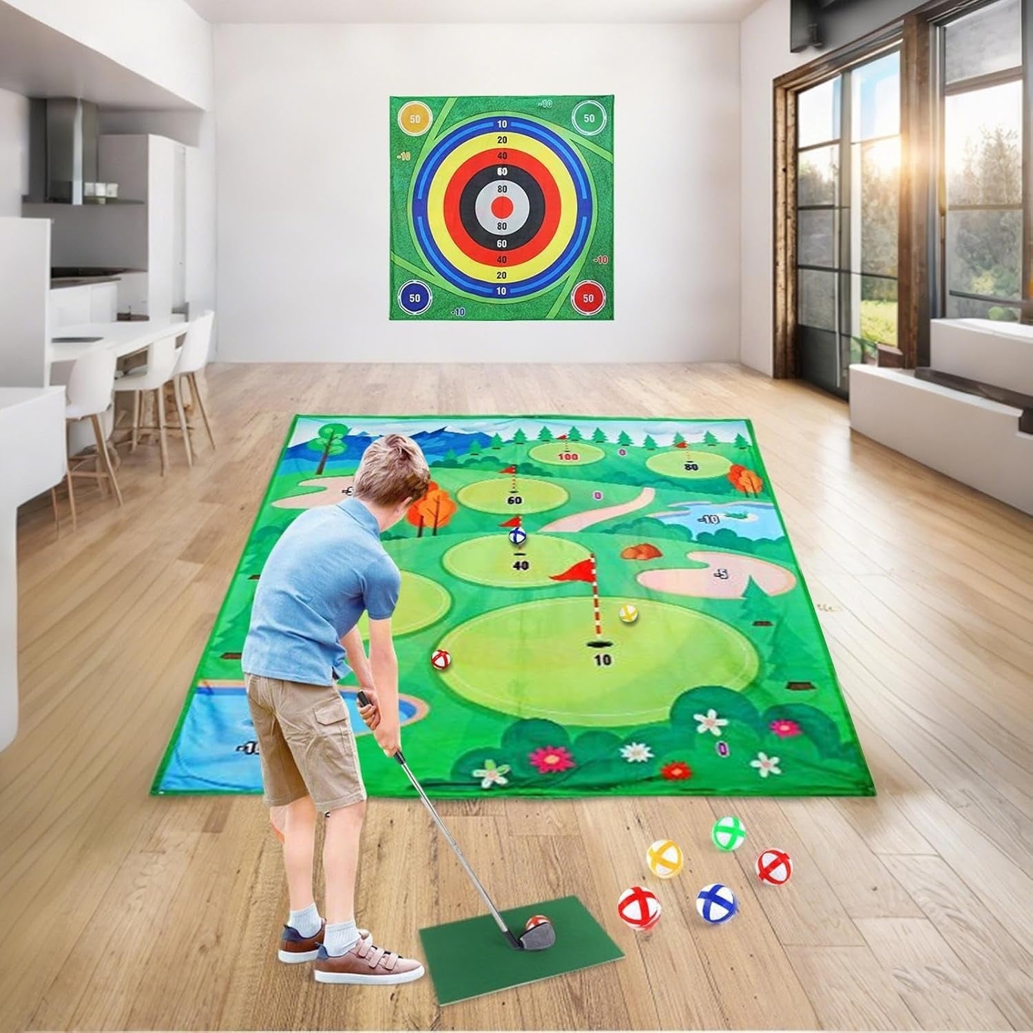 Golf Practice Mat 42x42 Indoor Outdoor Swing Trainer Target Game Set