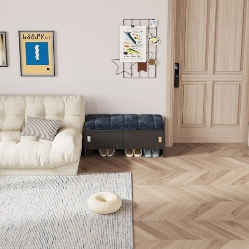 Blue Velvet Shoe Storage Bench with Cabinet – Modern Hallway Ottoman Seat