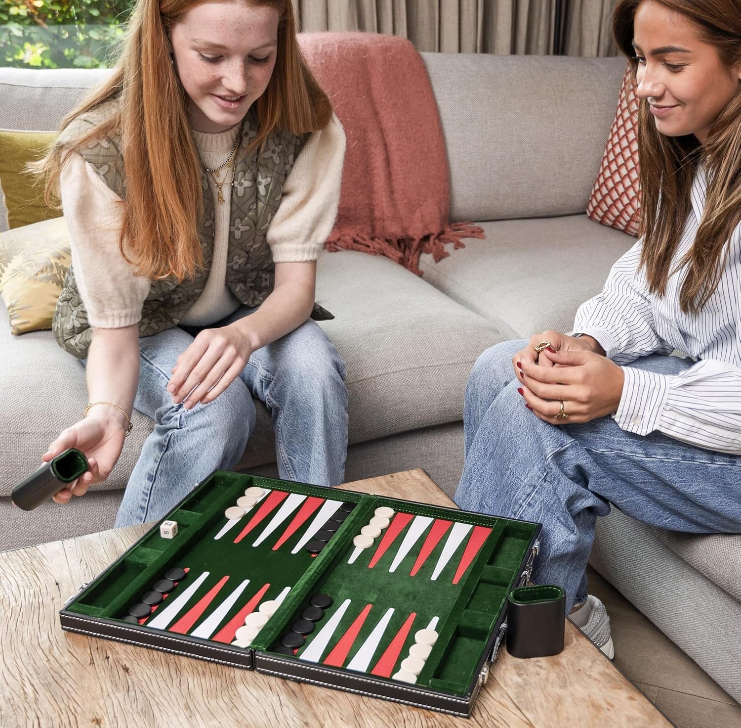 15” Backgammon Set Luxury Faux Leather Attache Case Green Travel Board