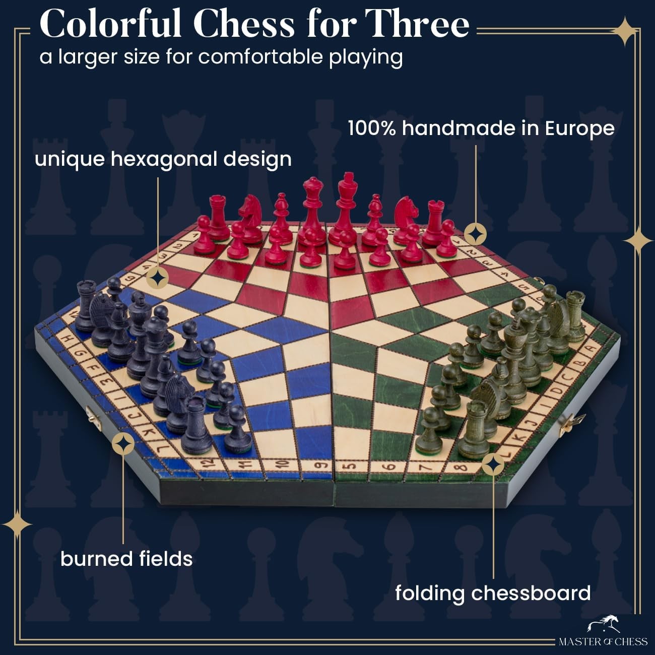 XL 3-Player Wooden Chess Set 54×47cm Hexagonal Board Handcrafted Travel Game