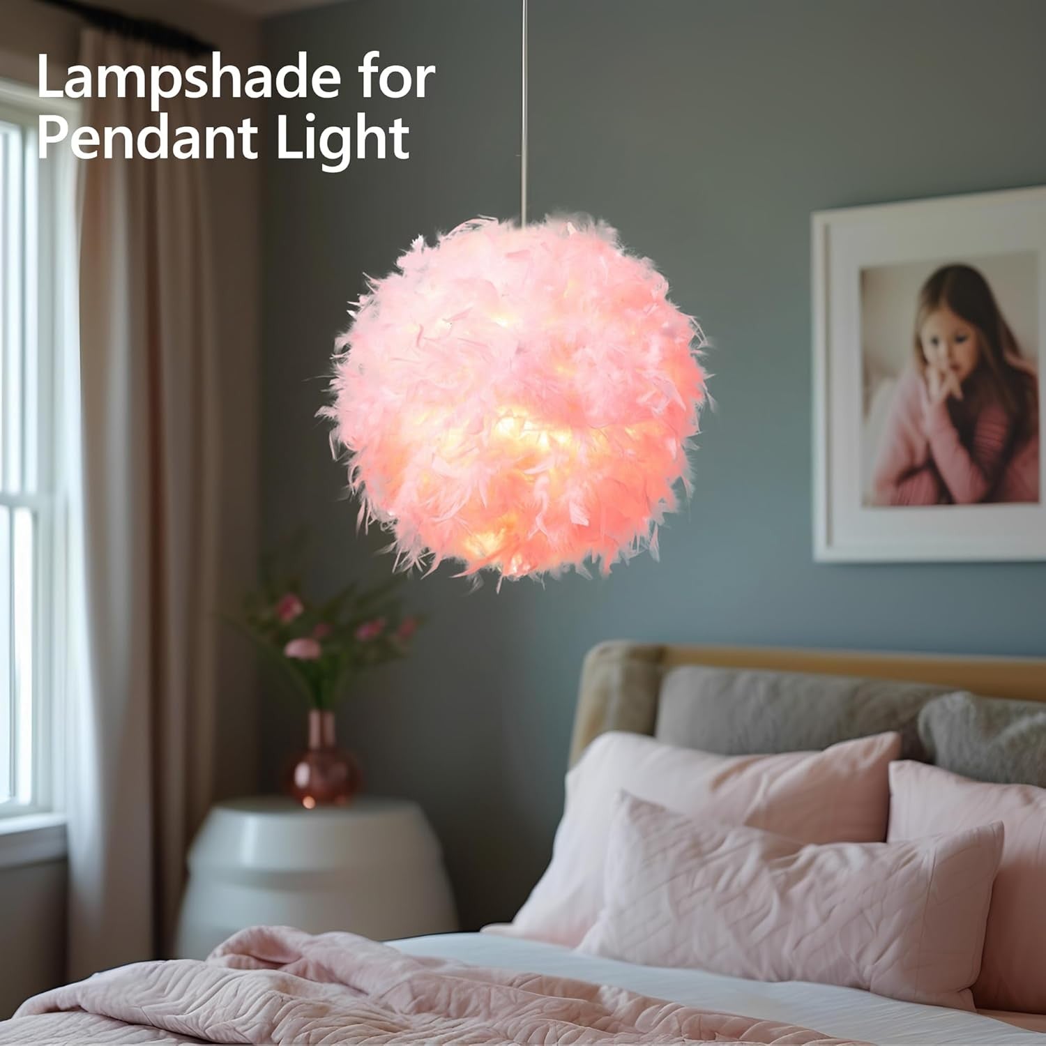 Feather Lamp Shade 40cm Pink Ceiling Pendant Fluffy Lampshade Decor