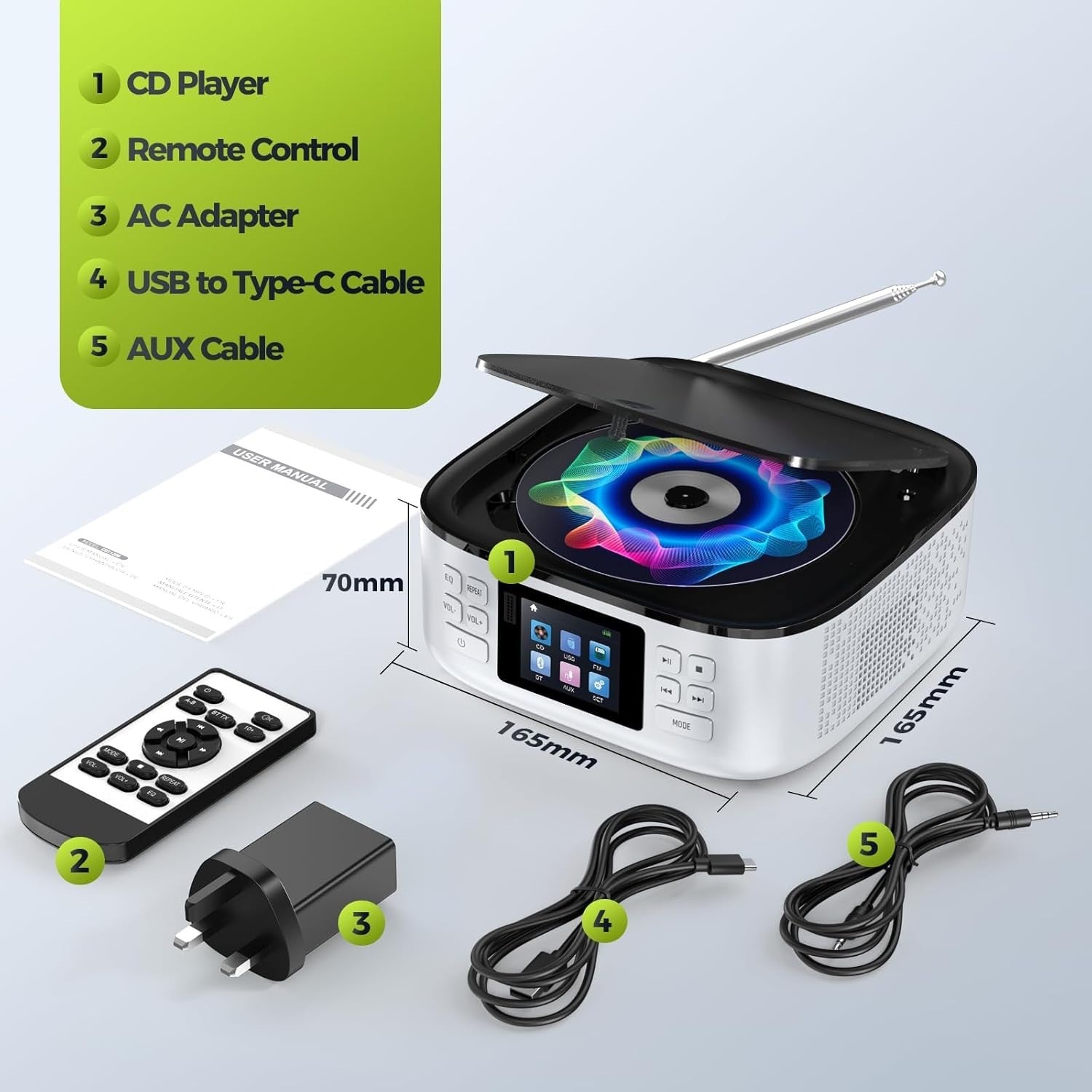 Rechargeable Bluetooth CD Player Boombox FM Radio LED Display Remote