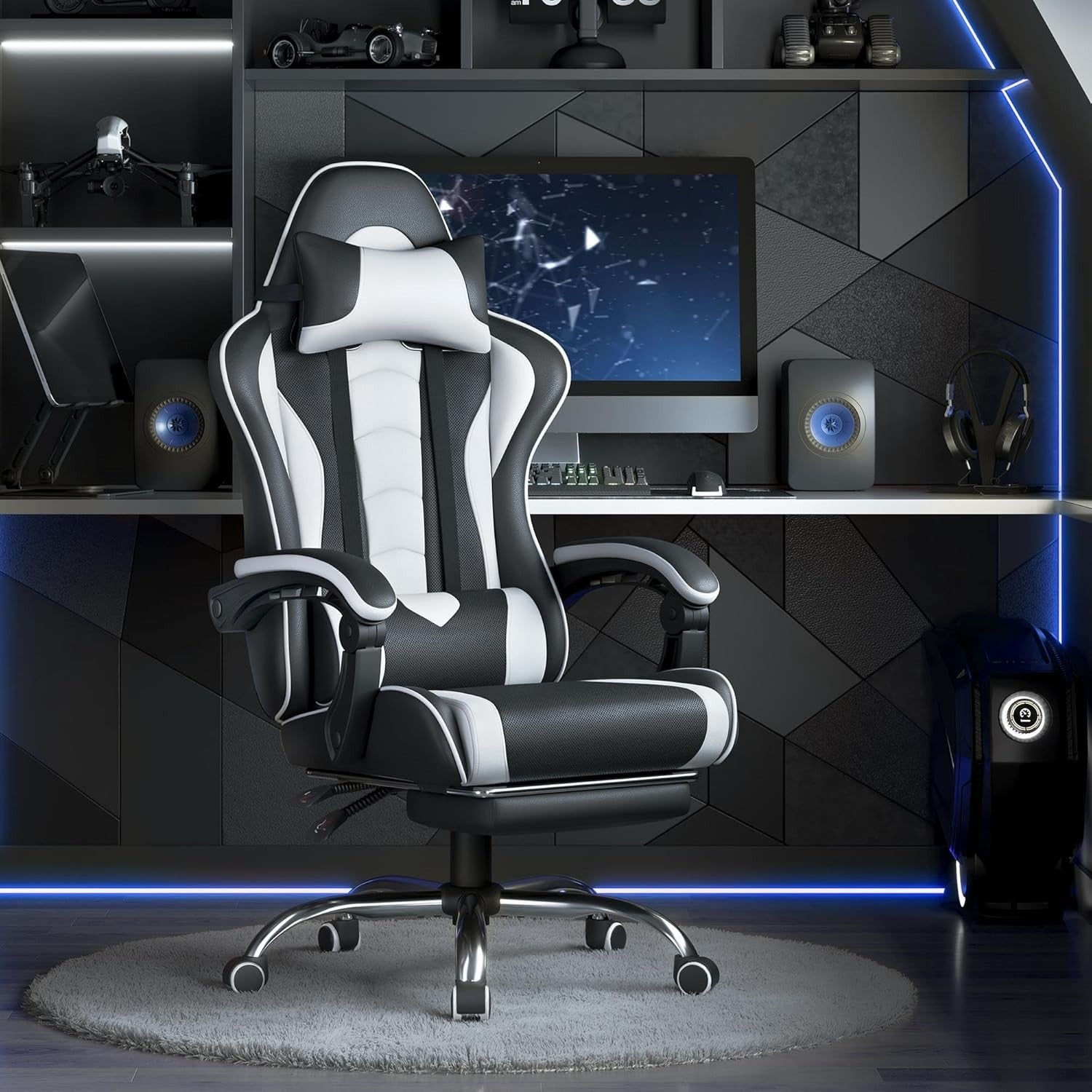 Gaming Chair Office Desk Large PU Leather Recliner w/ Footrest Lumbar Massage