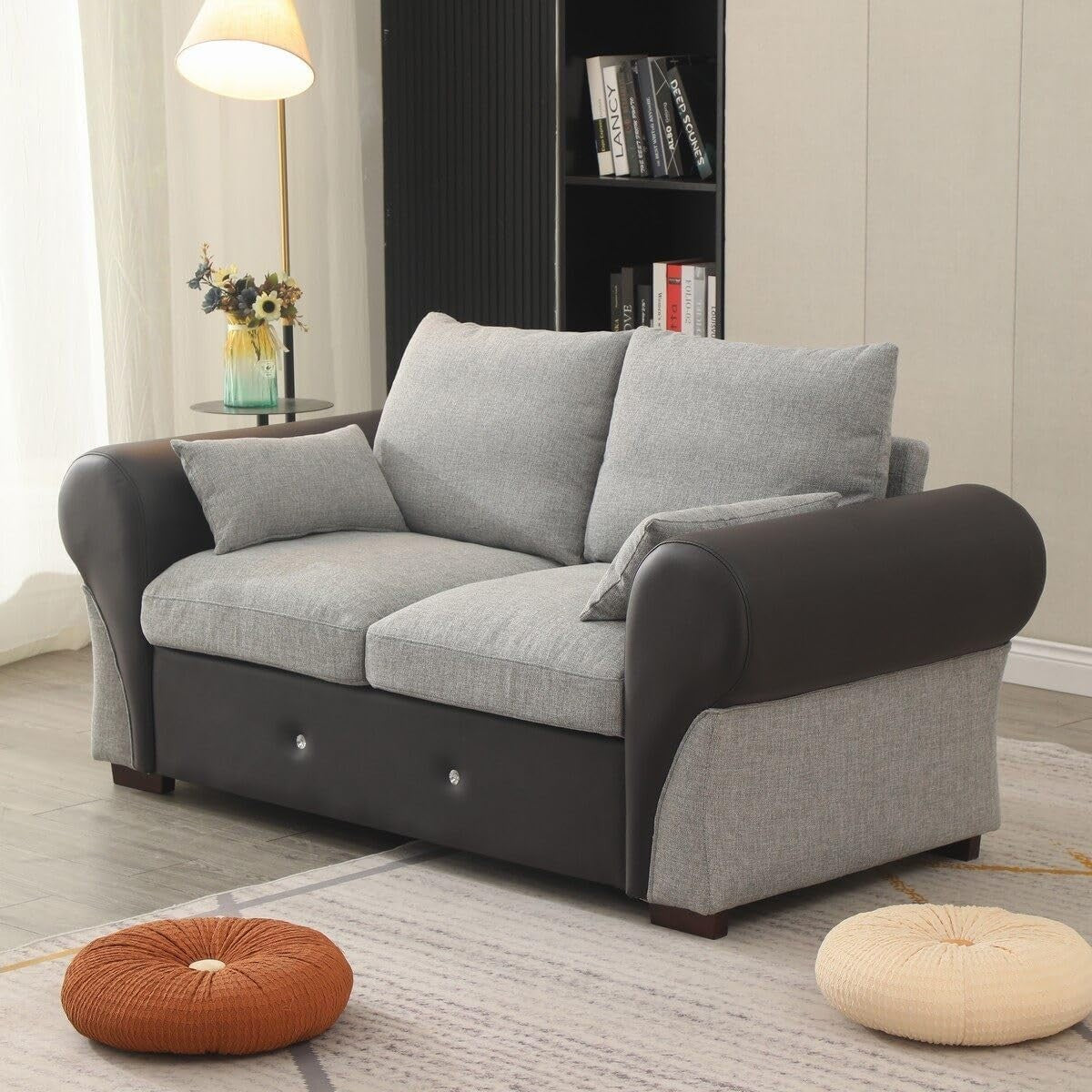 Compact 2 Seater Sofa Light Grey Linen Fabric Couch Modern Lounge Settee