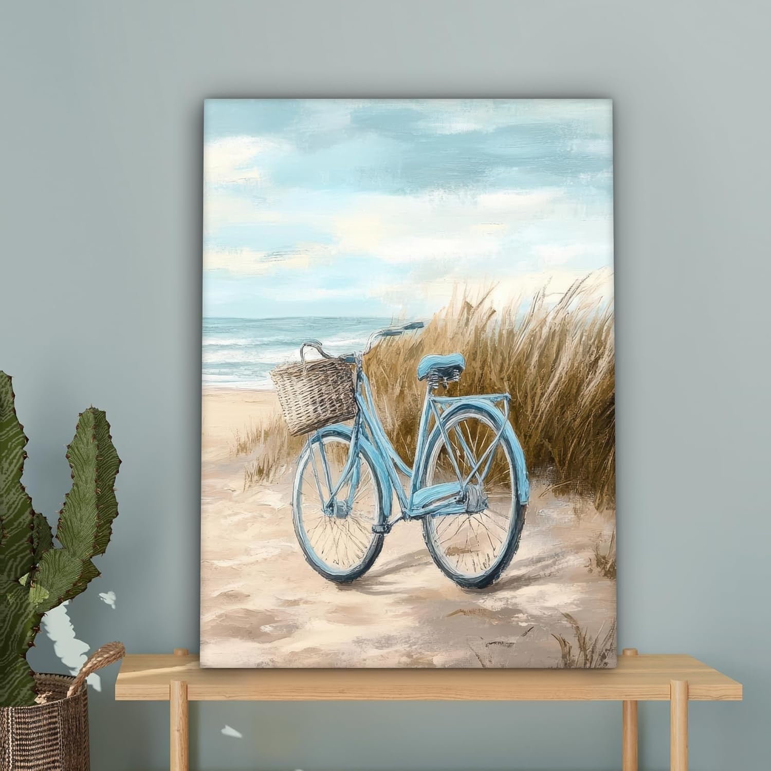 Large Framed Canvas Wall Art 50x70cm Beach Bicycle Vintage