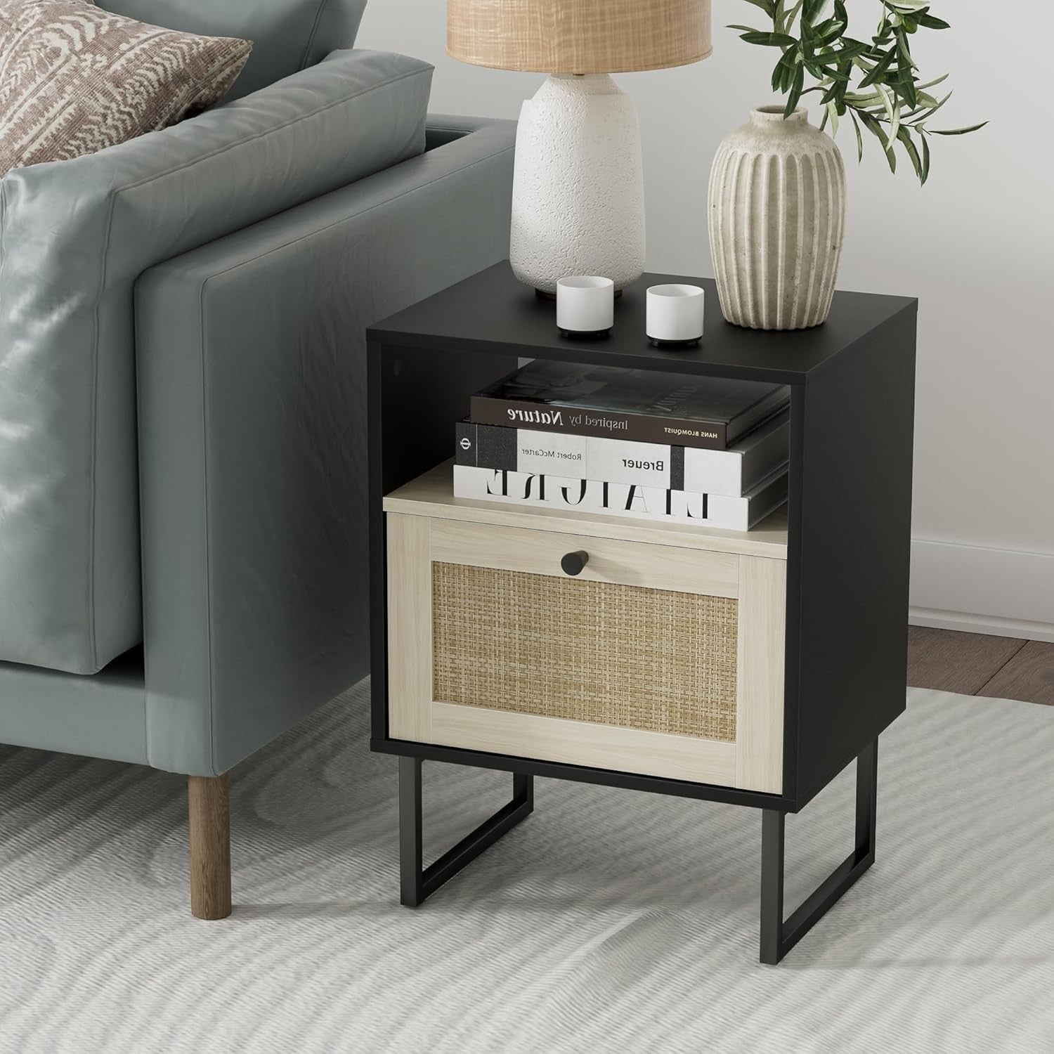 Boho Rattan Bedside Table Black Oak Nightstand with Drawer & Shelf