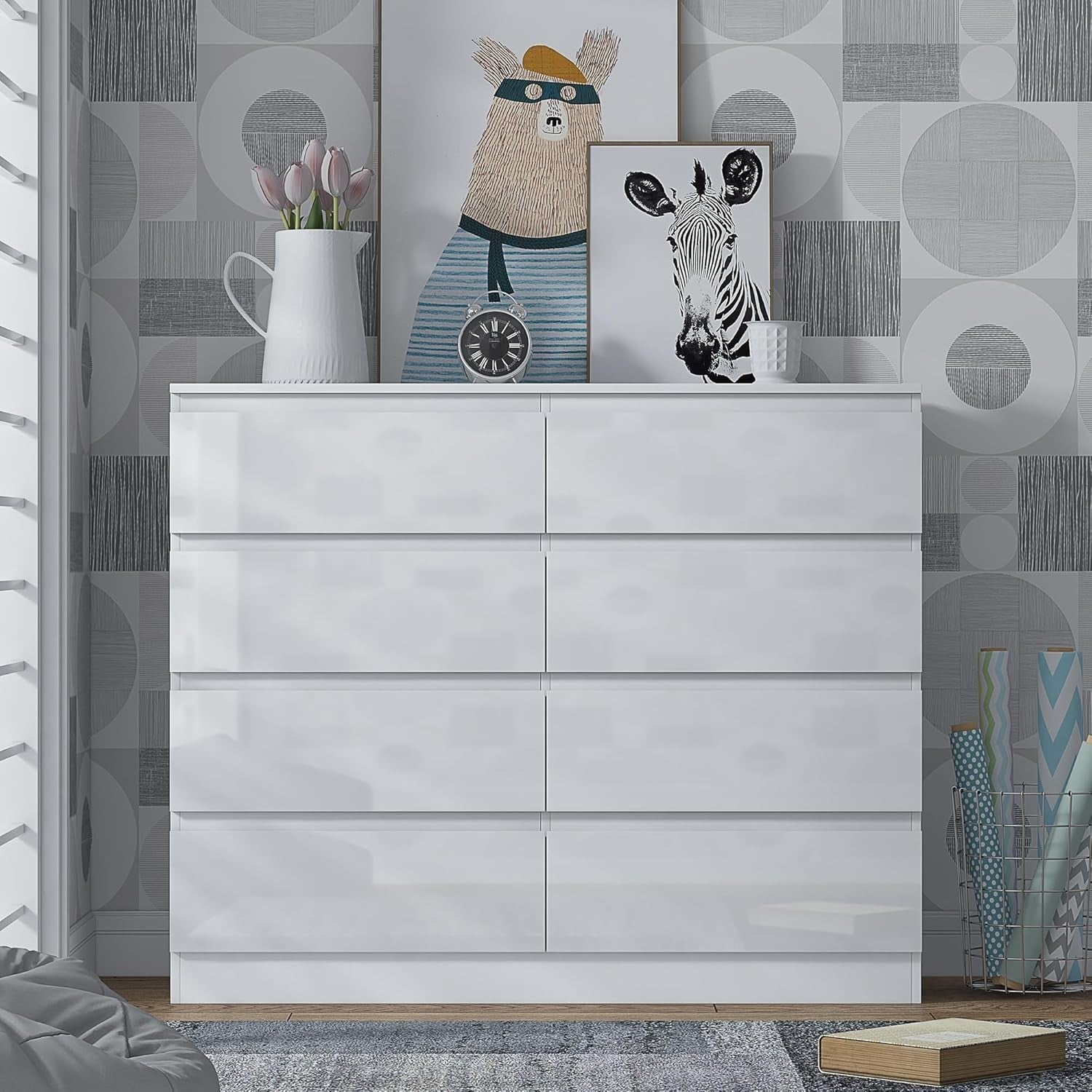 Modern 8 Drawer White Gloss Chest, Minimalist Bedroom Storage Dresser Unit
