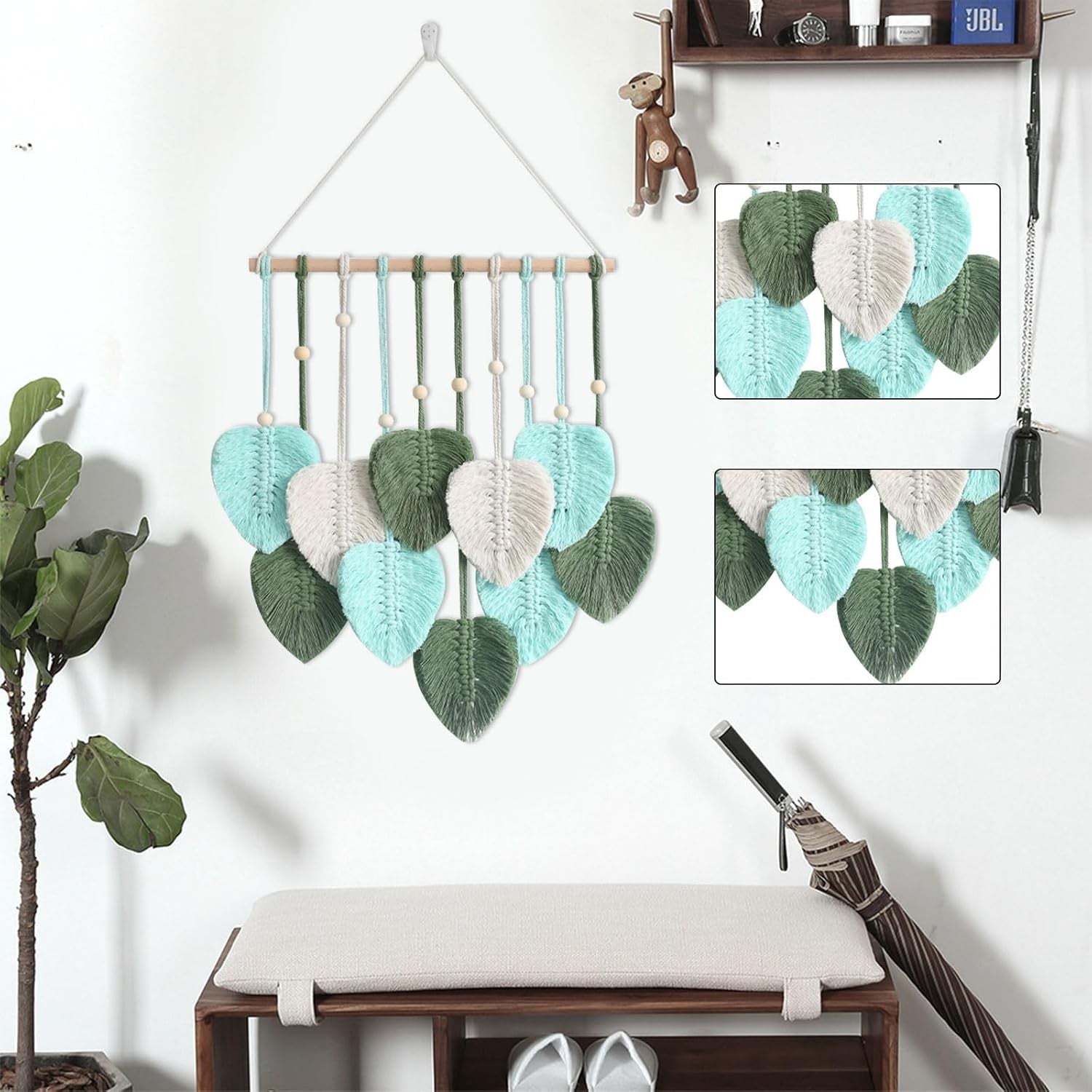 Blue Boho Macrame Leaf Wall Hanging 40x80cm Cotton Tapestry