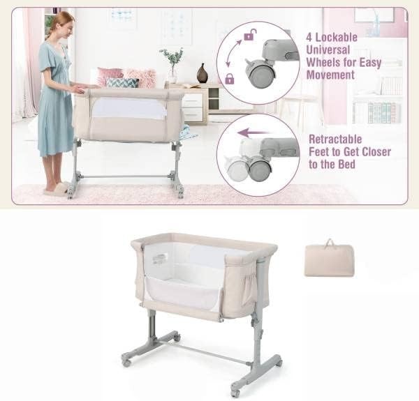 3-in-1 Baby Bedside Crib with Adjustable Heights, Mattress & Carry Bag Beige