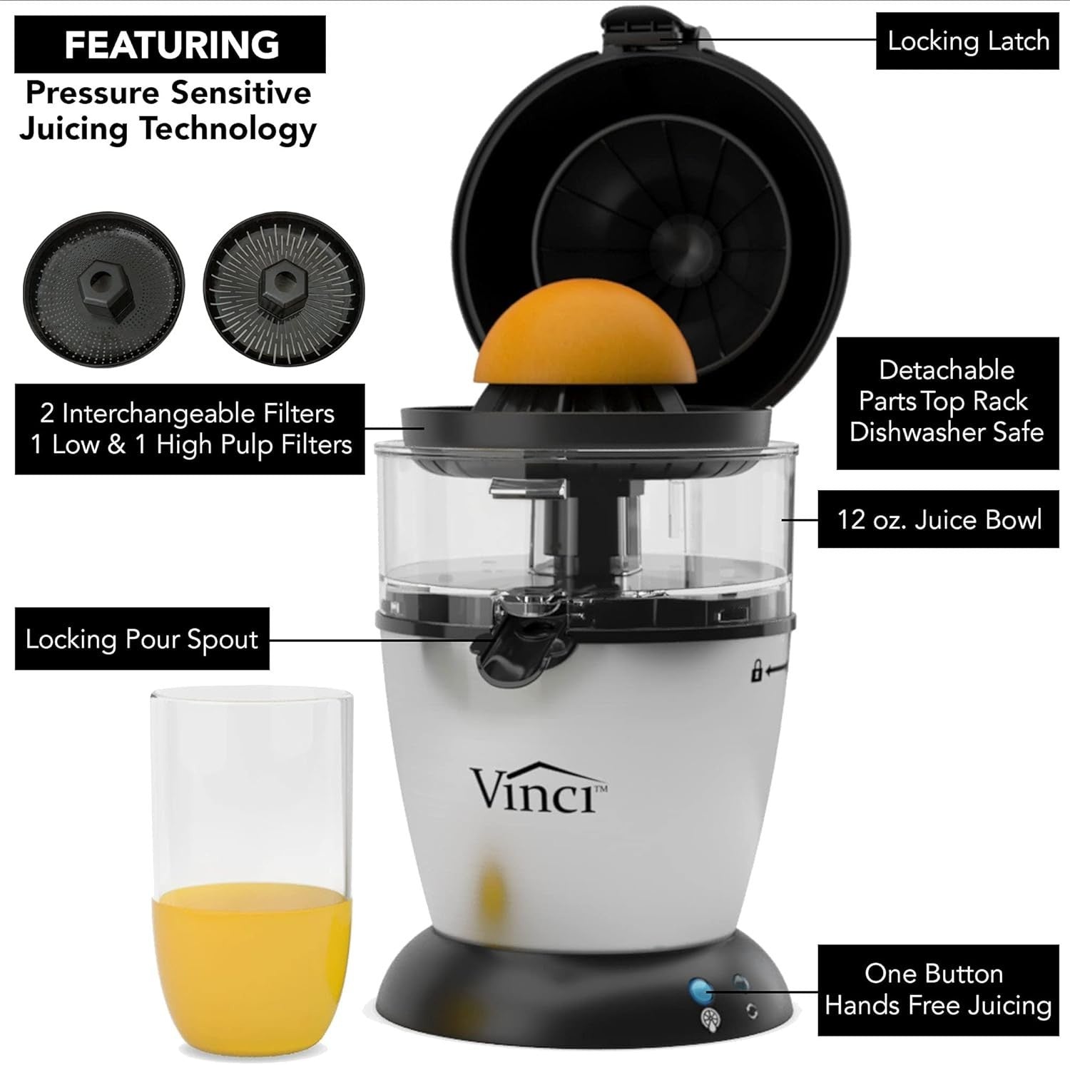 Hands Free Electric Citrus Juicer One Button Press Pulp Control Easy Clean