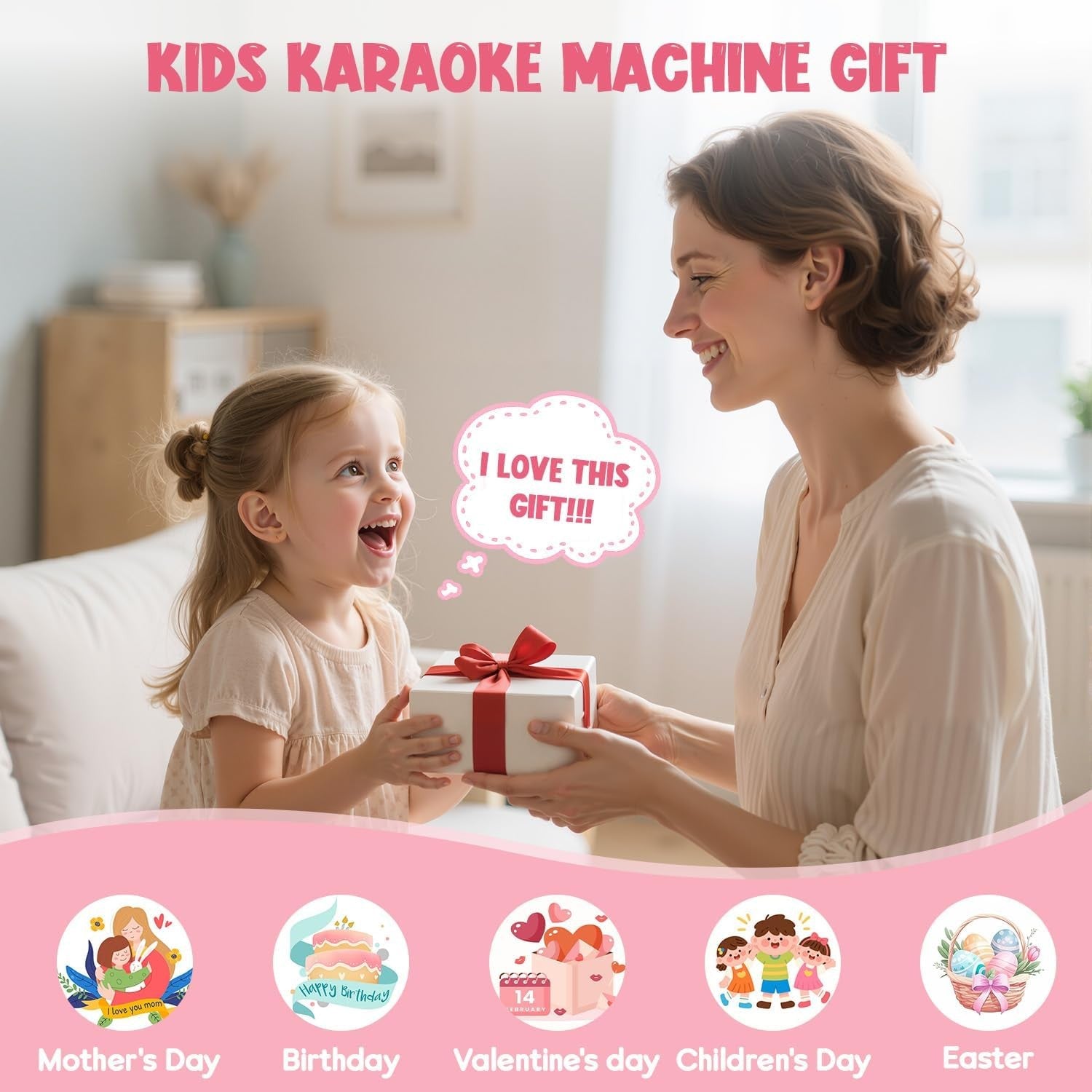 Kids Karaoke Machine with 2 Mics Bluetooth Party Speaker Pink