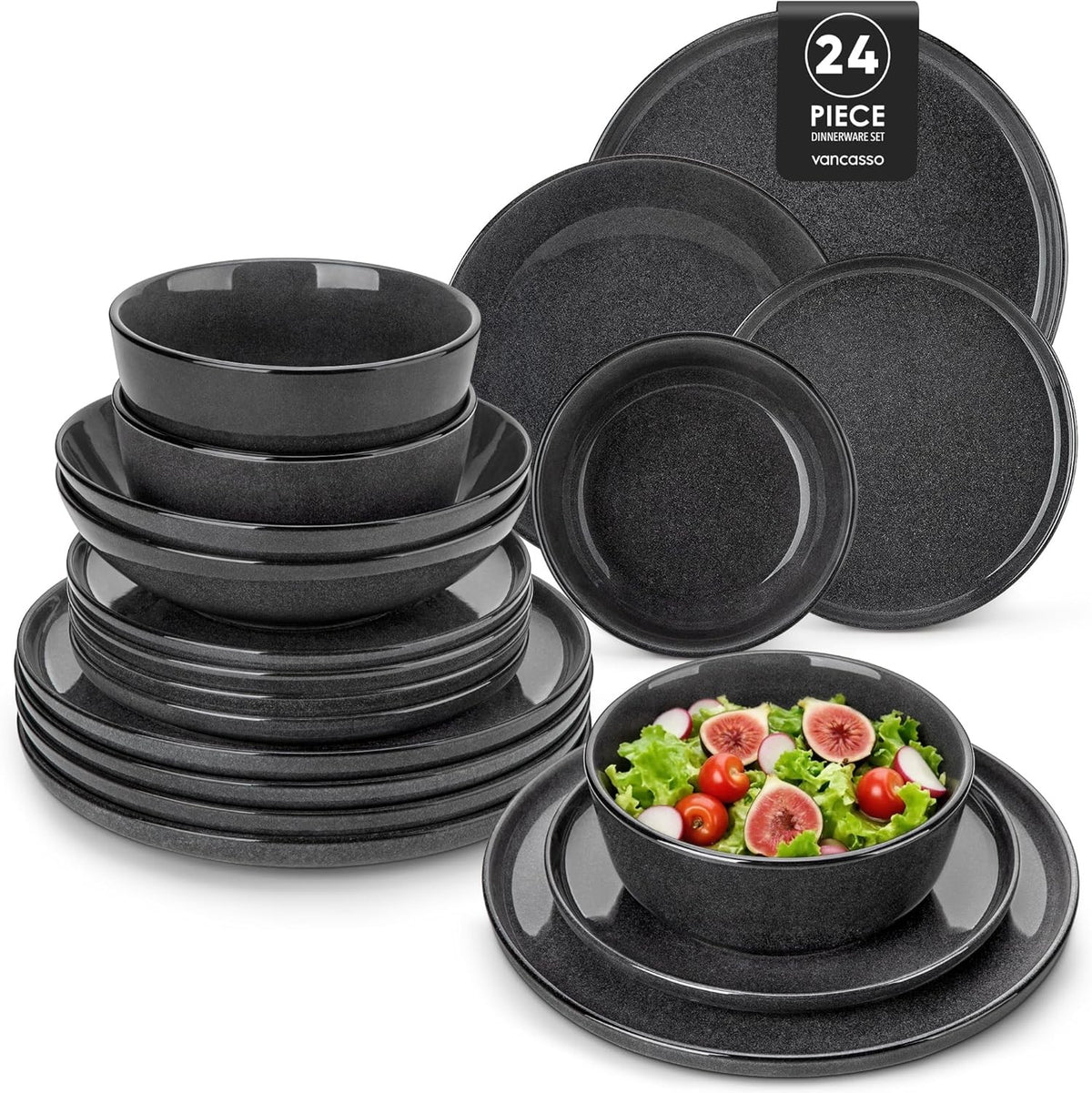 24pc Ceramic Dinner Set Grey Plates Bowls Microwave Dishwasher Safe