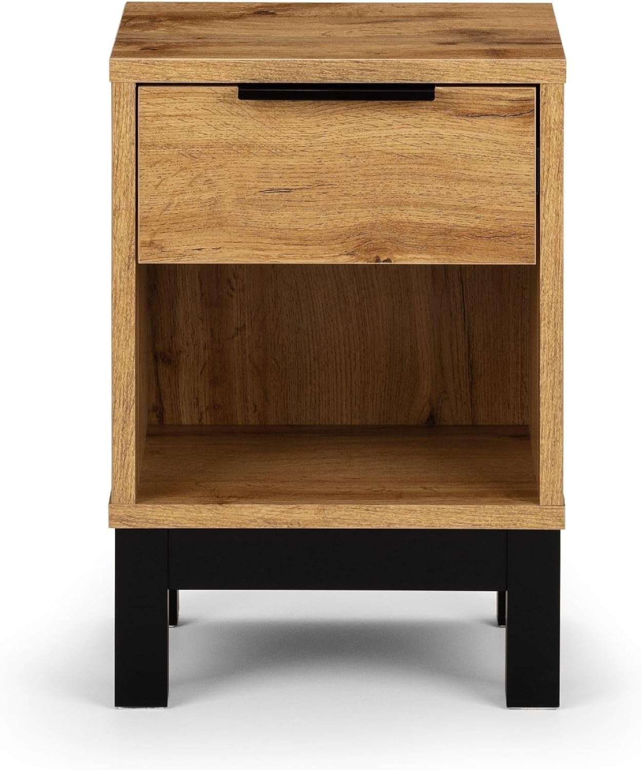 Modern Oak Wood Bedside Table | 1 Drawer Nightstand with Open Shelf & Black Legs
