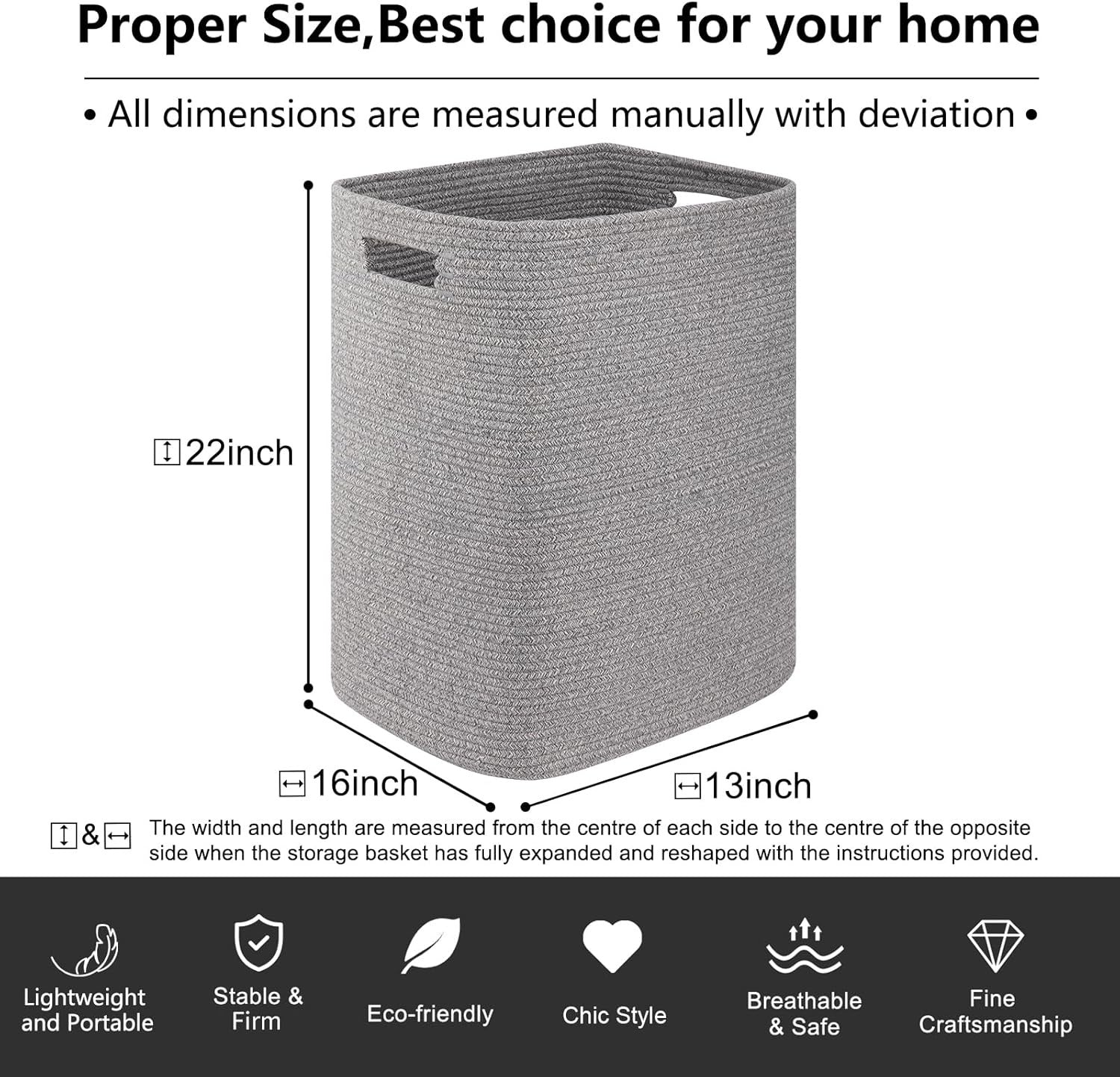 Large Woven Laundry Basket with Handles 16x13x22in Grey Cotton Storage Hamper