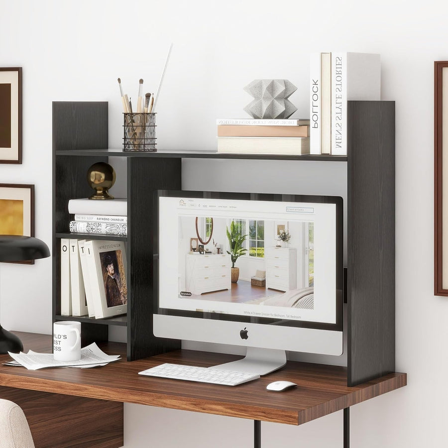 37.4" Desk Hutch Shelf Black | 3-Tier Desktop Bookshelf Organizer for Monitor