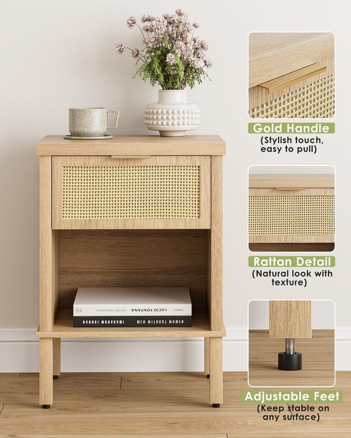 Rattan Wood Bedside Table with Drawer & Shelf – Boho Oak Nightstand