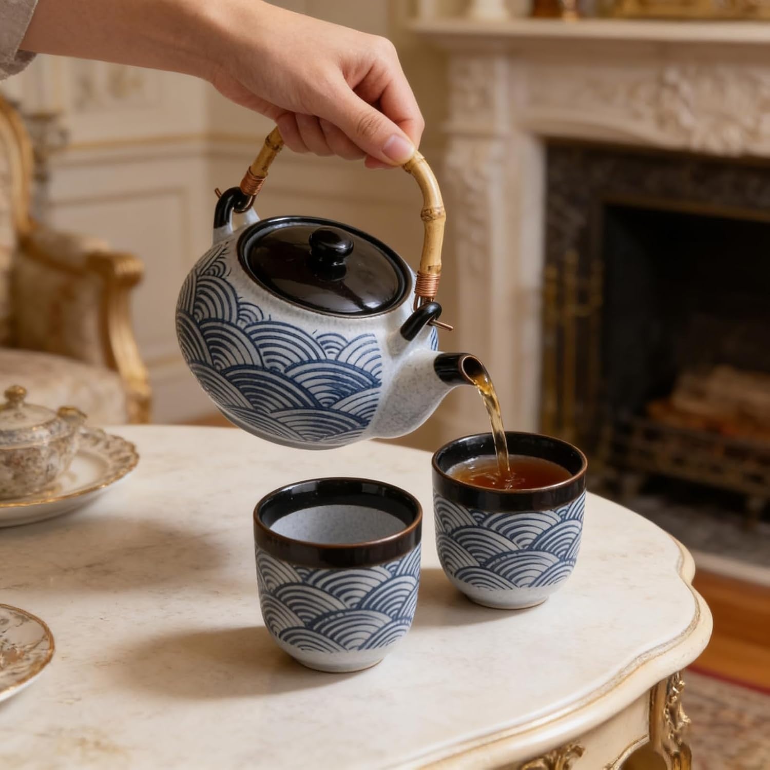Chinese Tea Set Blue Ceramic Teapot 2 Cups Loose Leaf Tea Gift Set
