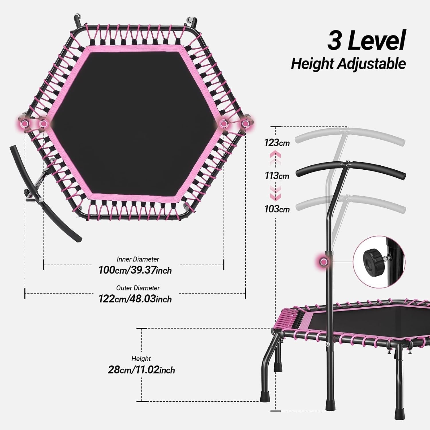 48in Indoor Fitness Rebounder with Quiet Bungees Adjustable T-Bar