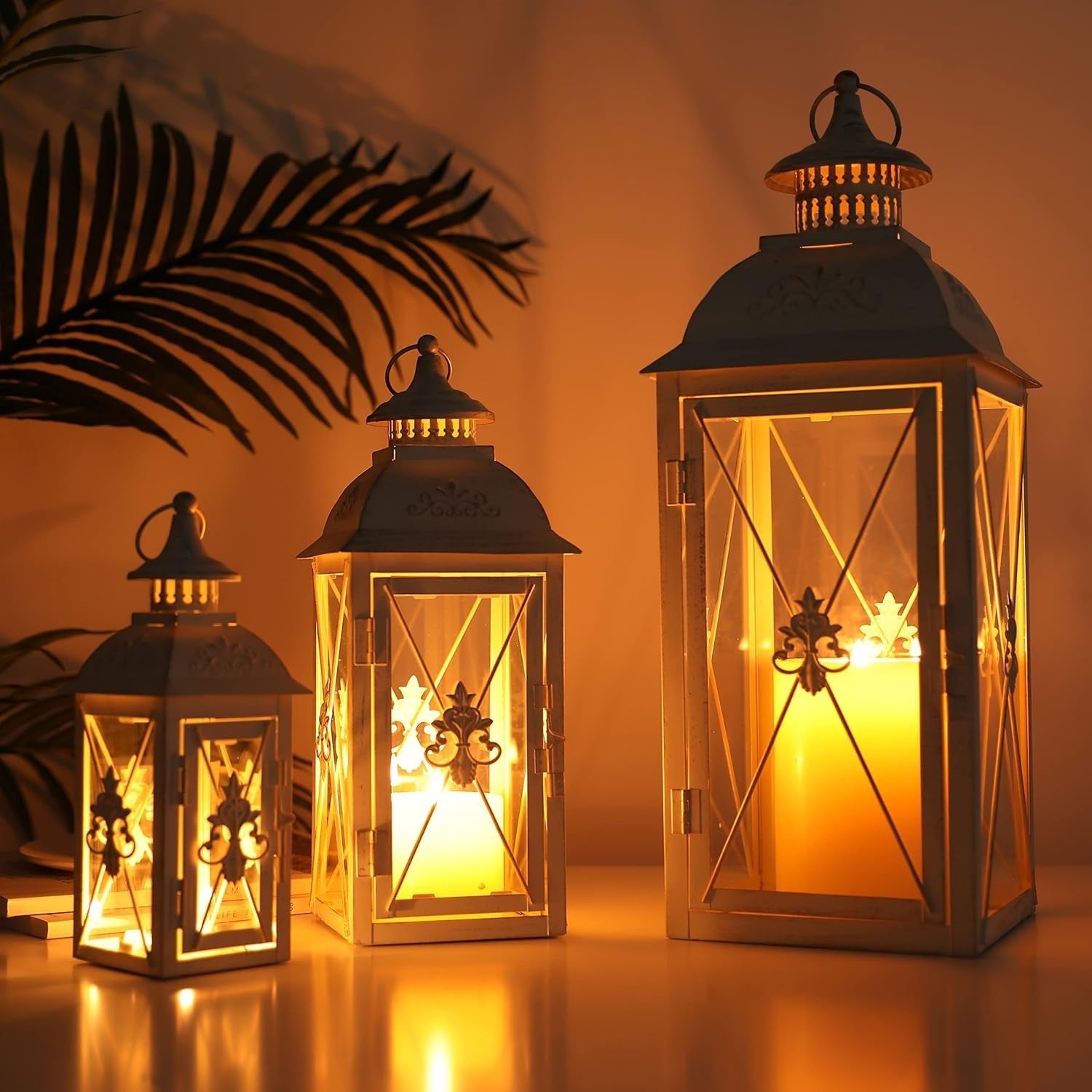 White Gold Lantern Set of 3 Decorative Metal Candleholders