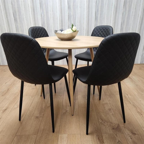 Round Oak Dining Table Set with 4 Quilted Chairs Kitchen Room Modern