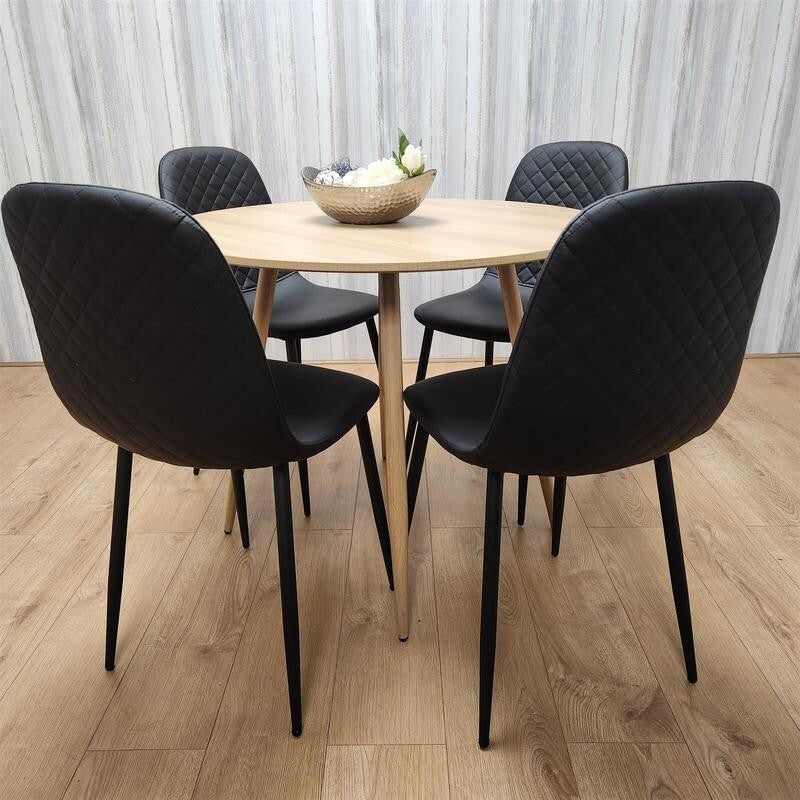 Round Oak Dining Table Set with 4 Quilted Chairs Kitchen Room Modern