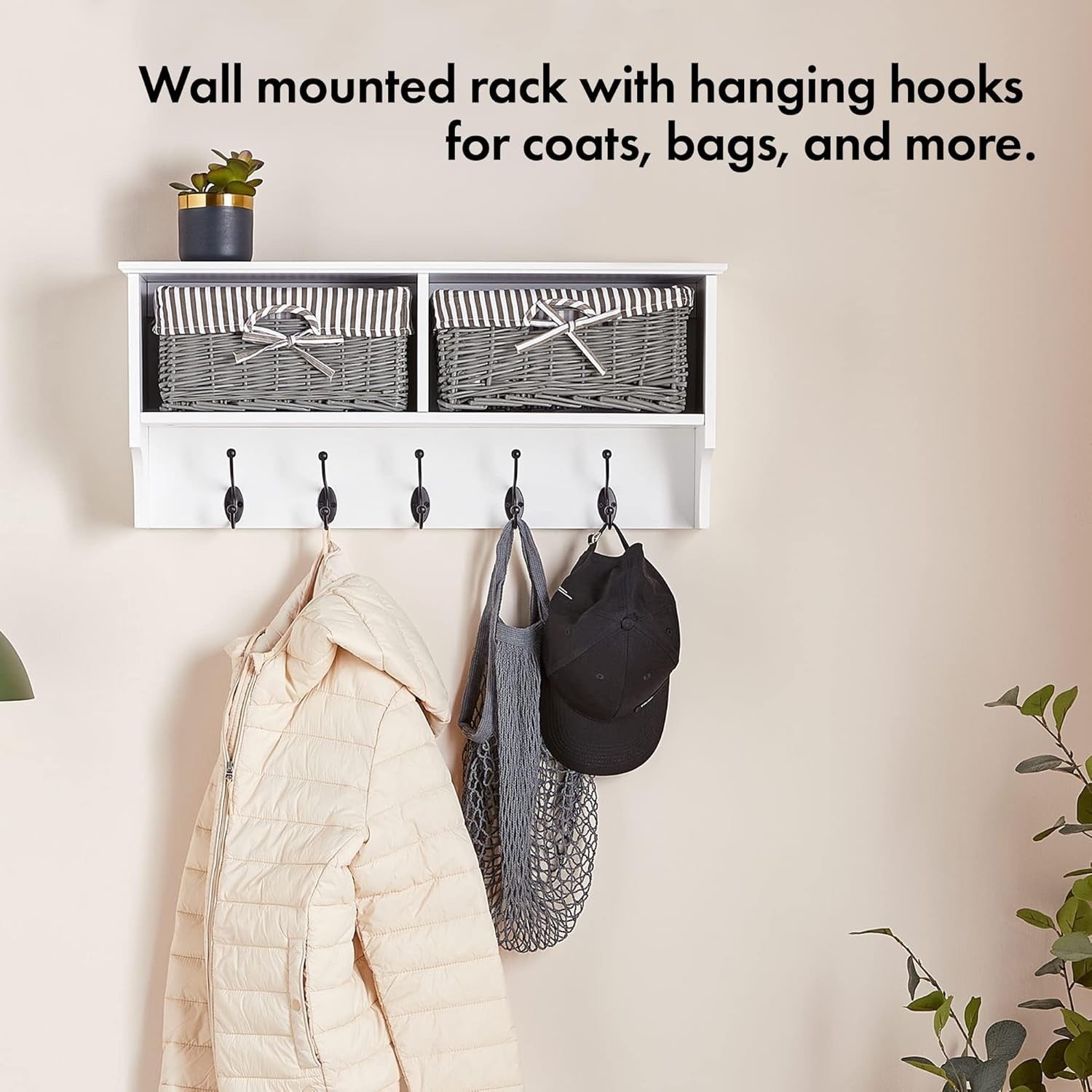 White Wall Mounted Coat Rack Shelf | 2 Wicker Baskets & 5 Hooks Hallway Unit
