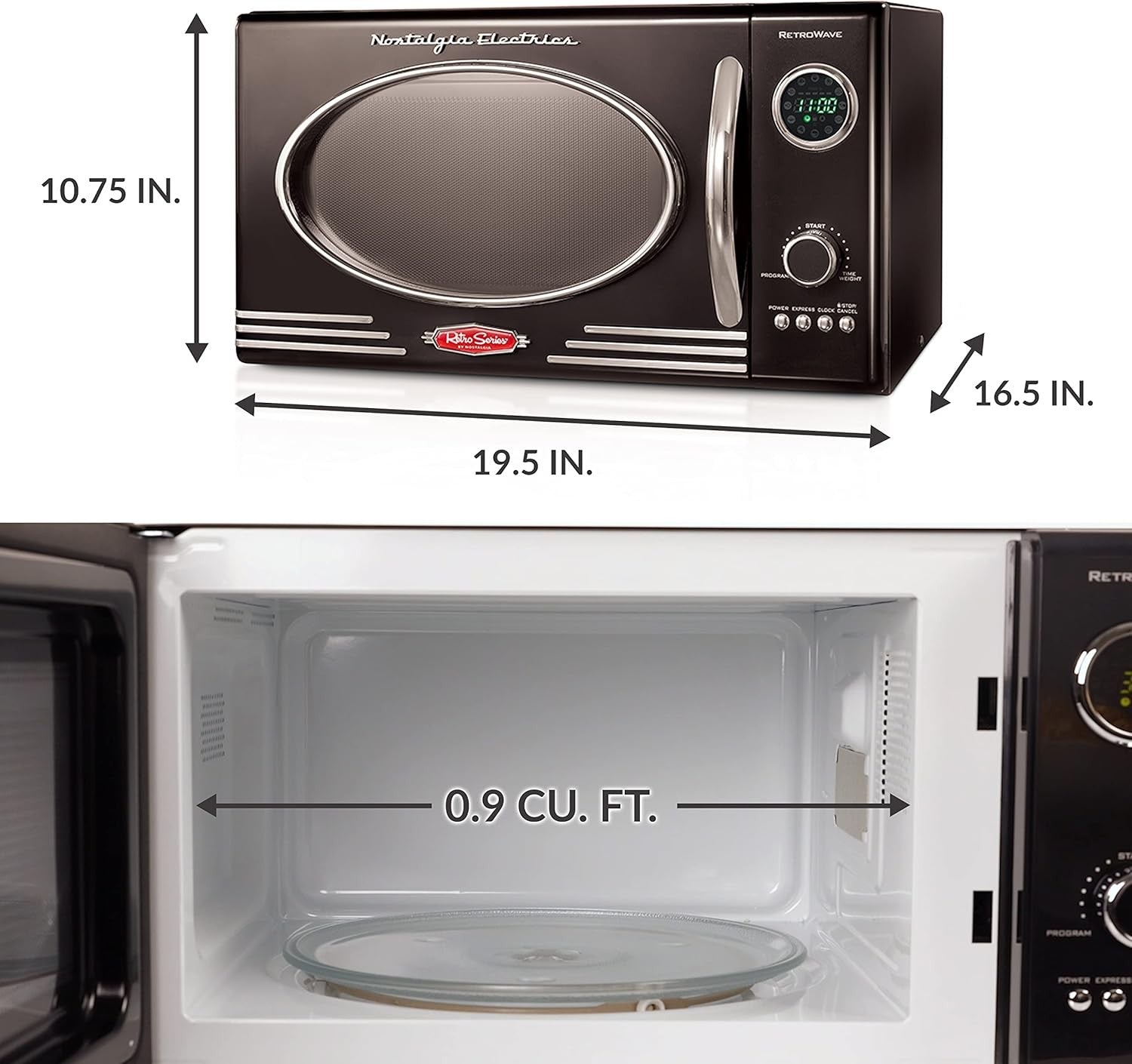 Nostalgia 0.9 Cu Ft 800W Retro Microwave 5 Power Levels 12 Cooking Jet Black