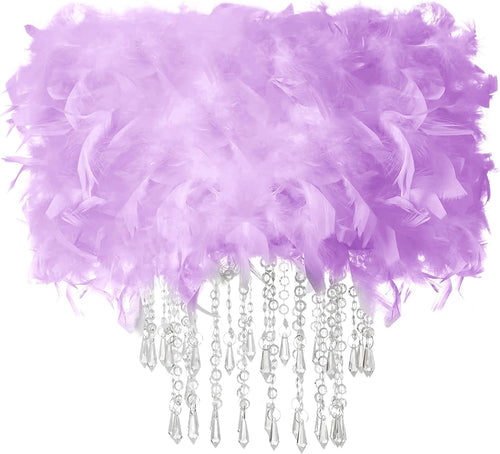 Feather Lampshade Purple Fluffy Ceiling Pendant Drum Shade Crystal Drops