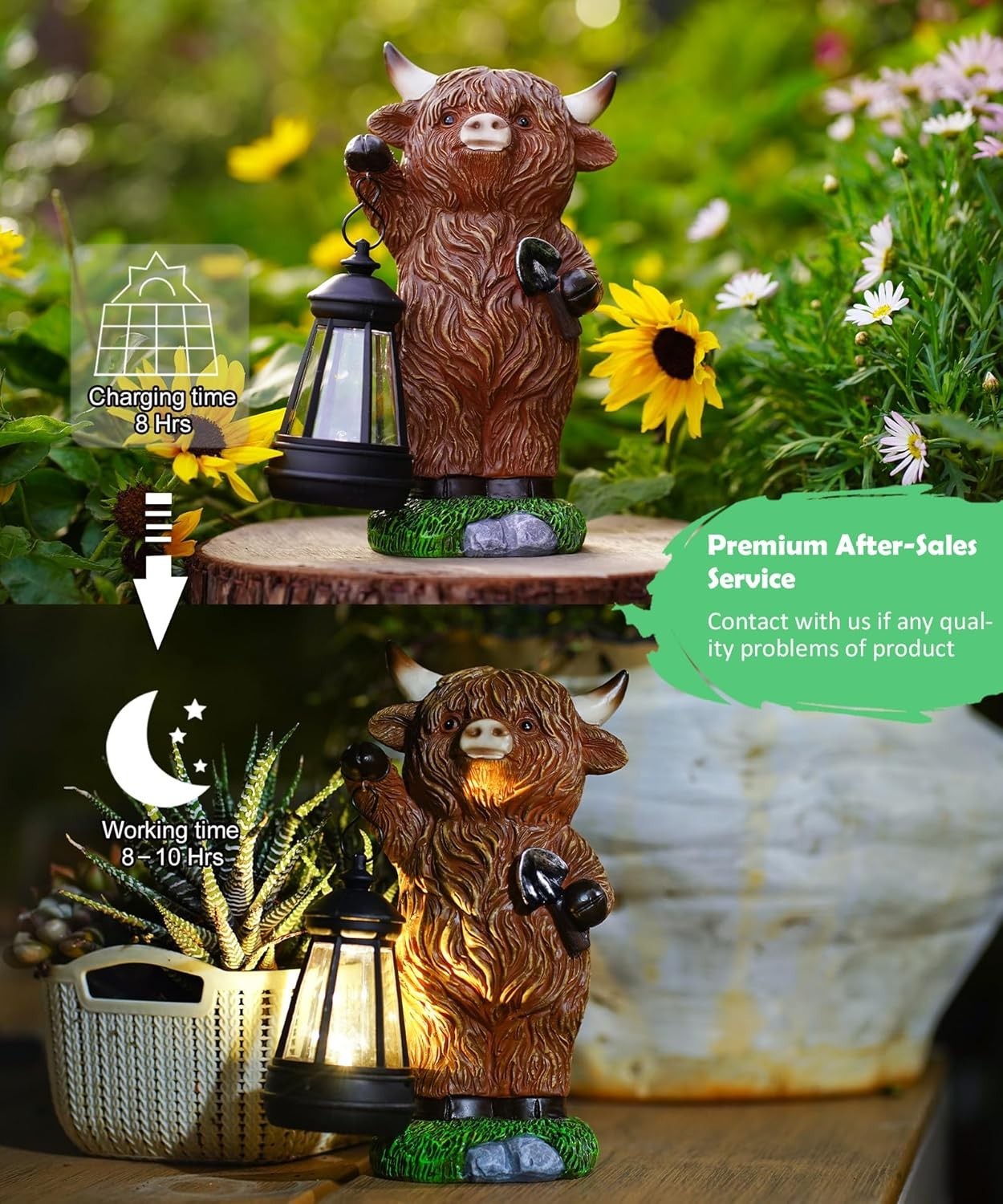 Solar Highland Cow Garden Ornament Lantern | Outdoor Resin Statue Patio Lawn