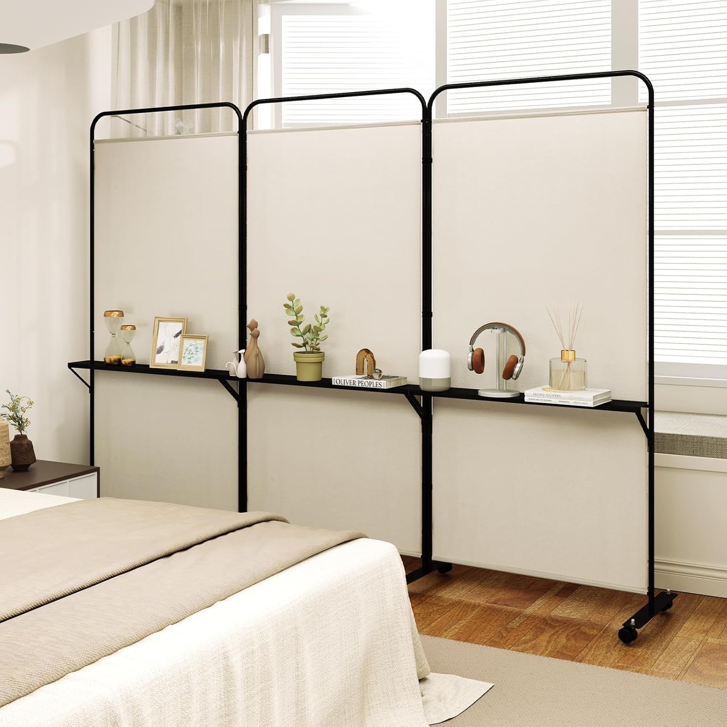 3 Panel White Folding Room Divider with Shelves & Wheels Privacy Screen 188cm