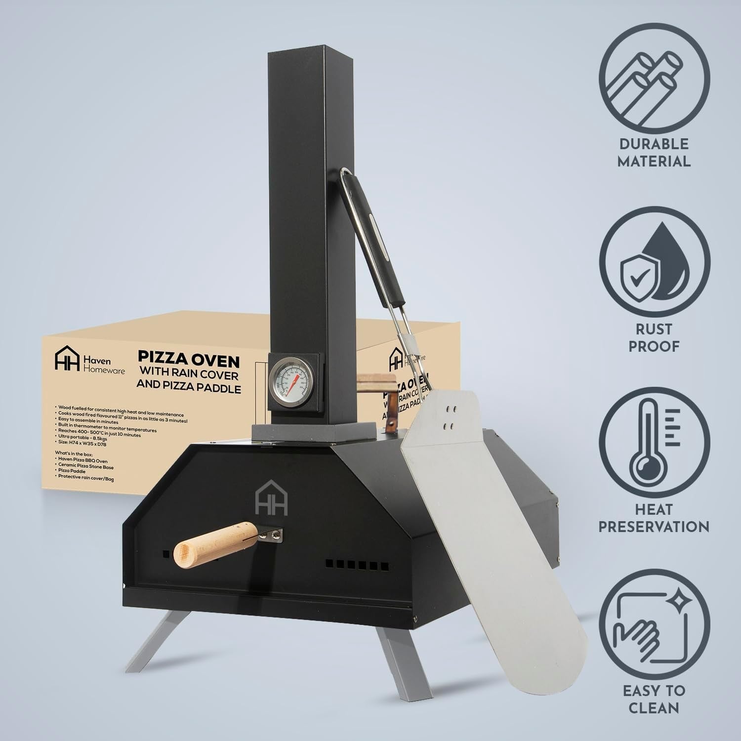 Outdoor Wood Fired Pizza Oven | Stainless Steel BBQ Grill with Stone & Thermomet