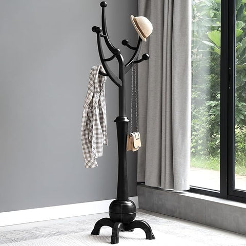 Solid Wood Coat Rack 180cm Tree Design Stand with Stable Base Black