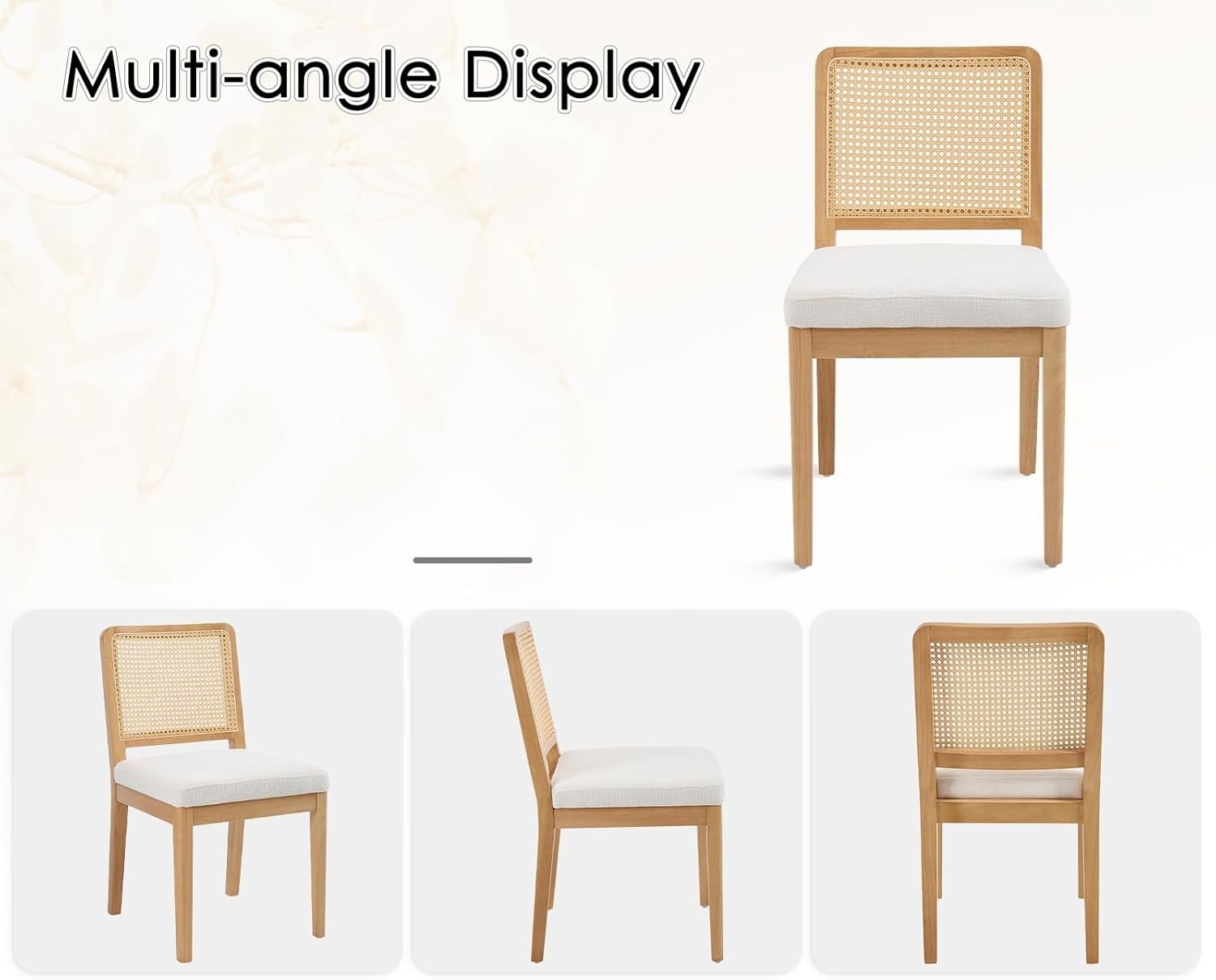 White Upholstered Dining Chairs Set of 2 Rattan Back Solid Wood Kitchen Seats