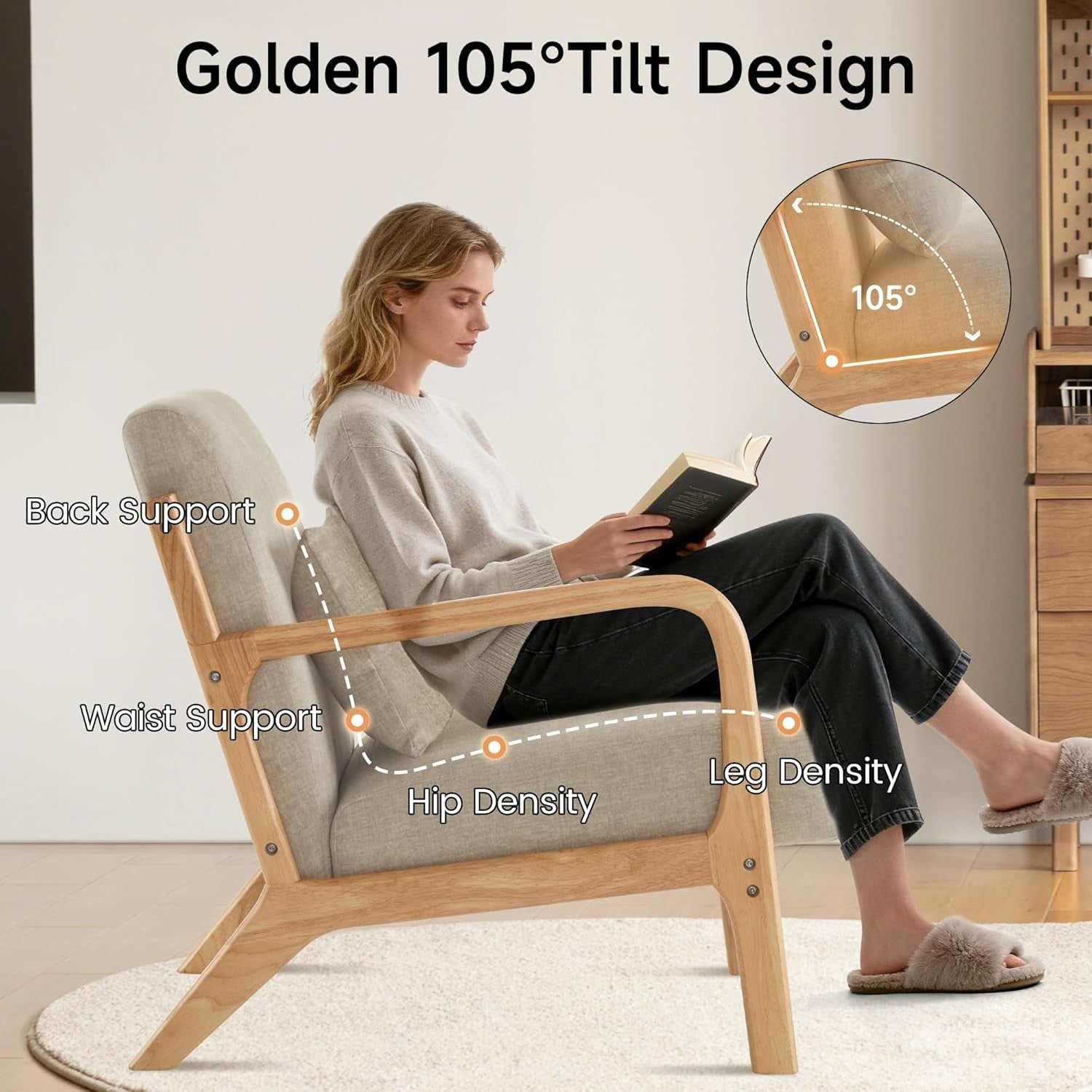 Light Grey Mid Century Accent Chair Wood Frame Lounge Armchair