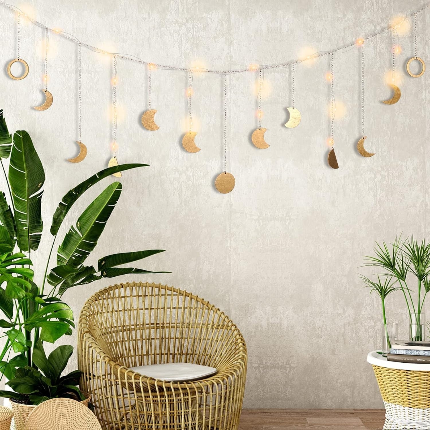 Boho Moon Phase Wall Hanging LED 13 Gold Moons 56in Decor