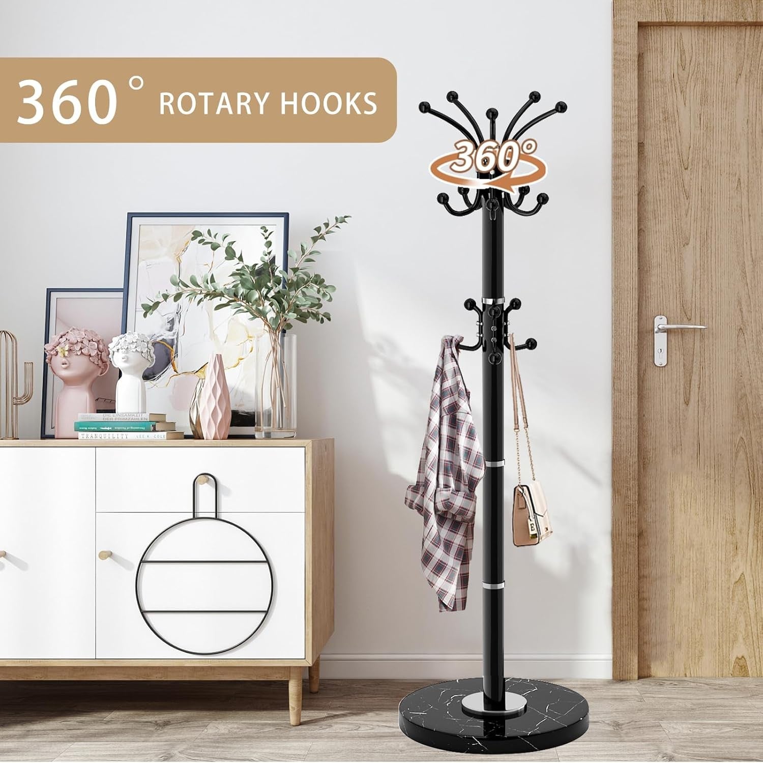 Modern 360° Rotating Metal Coat Rack with Marble Base | 14 Hook Stand