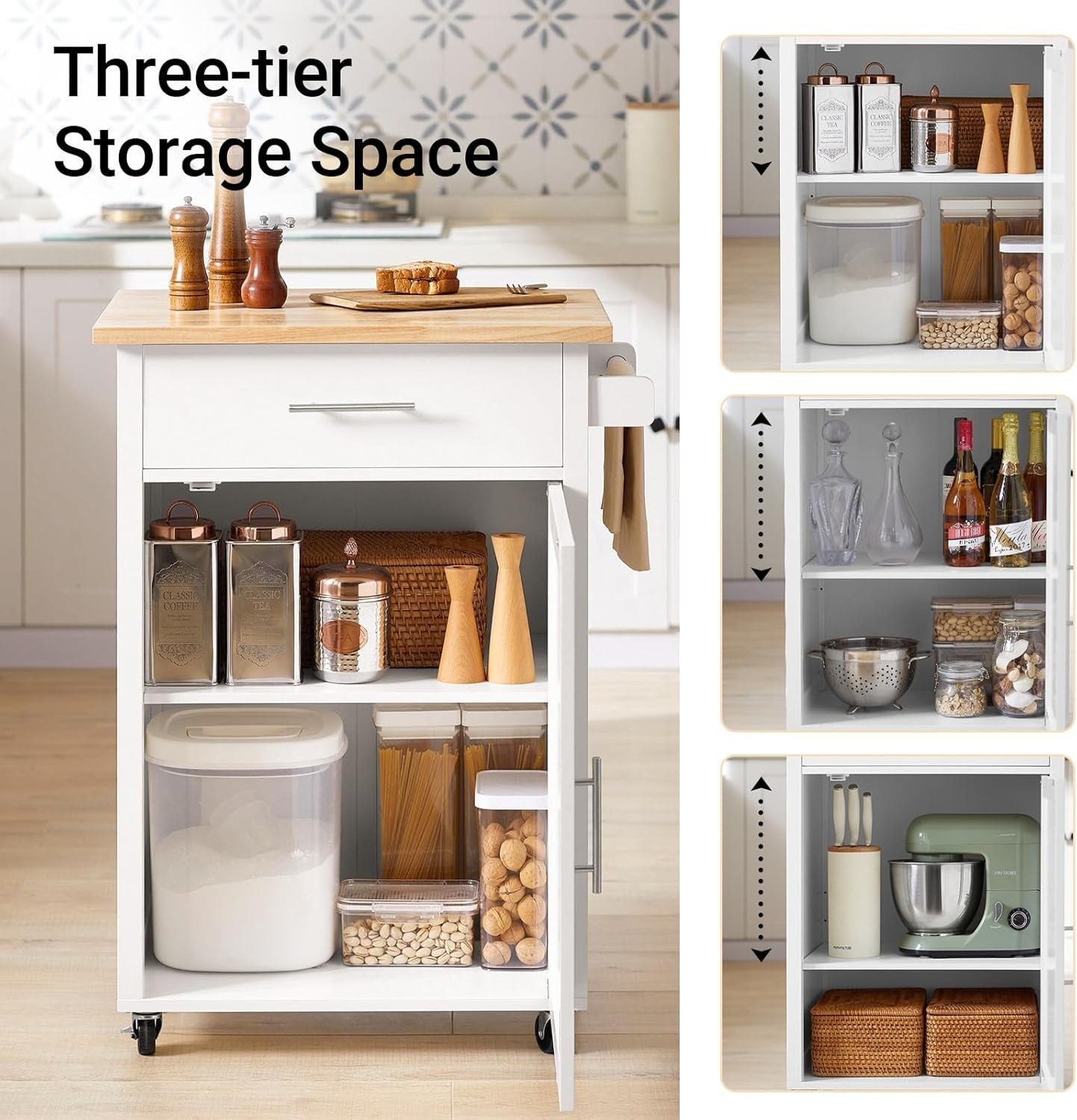 Kitchen Island Trolley on Wheels Storage Cart with Drawer Cabinet Worktop