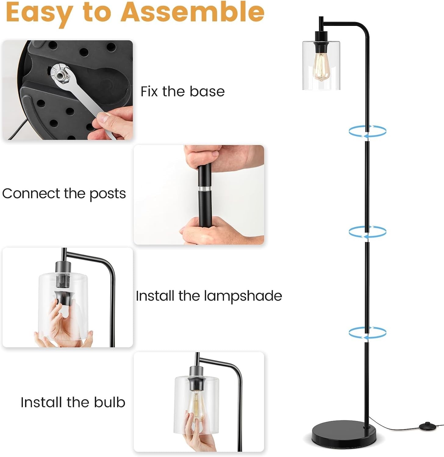 Industrial Floor Lamp Glass Shade Tall Standing Light Foot Switch E27