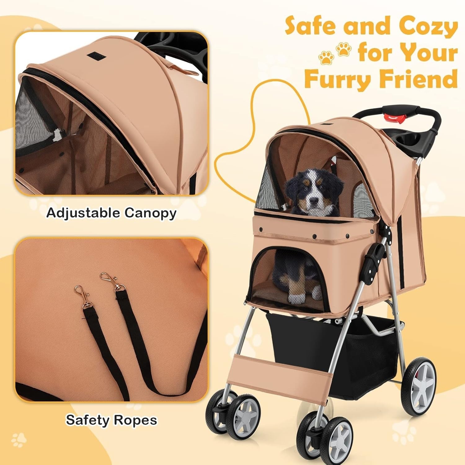 Beige Pet Stroller Foldable Dog Cat Pushchair 15kg Storage Basket