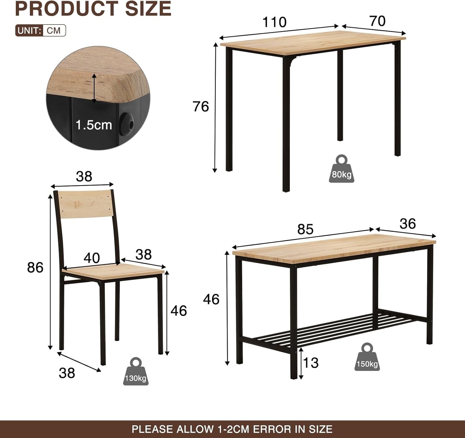 Oak Dining Table Set with 2 Chairs & Bench | Space-Saving, Modern Design