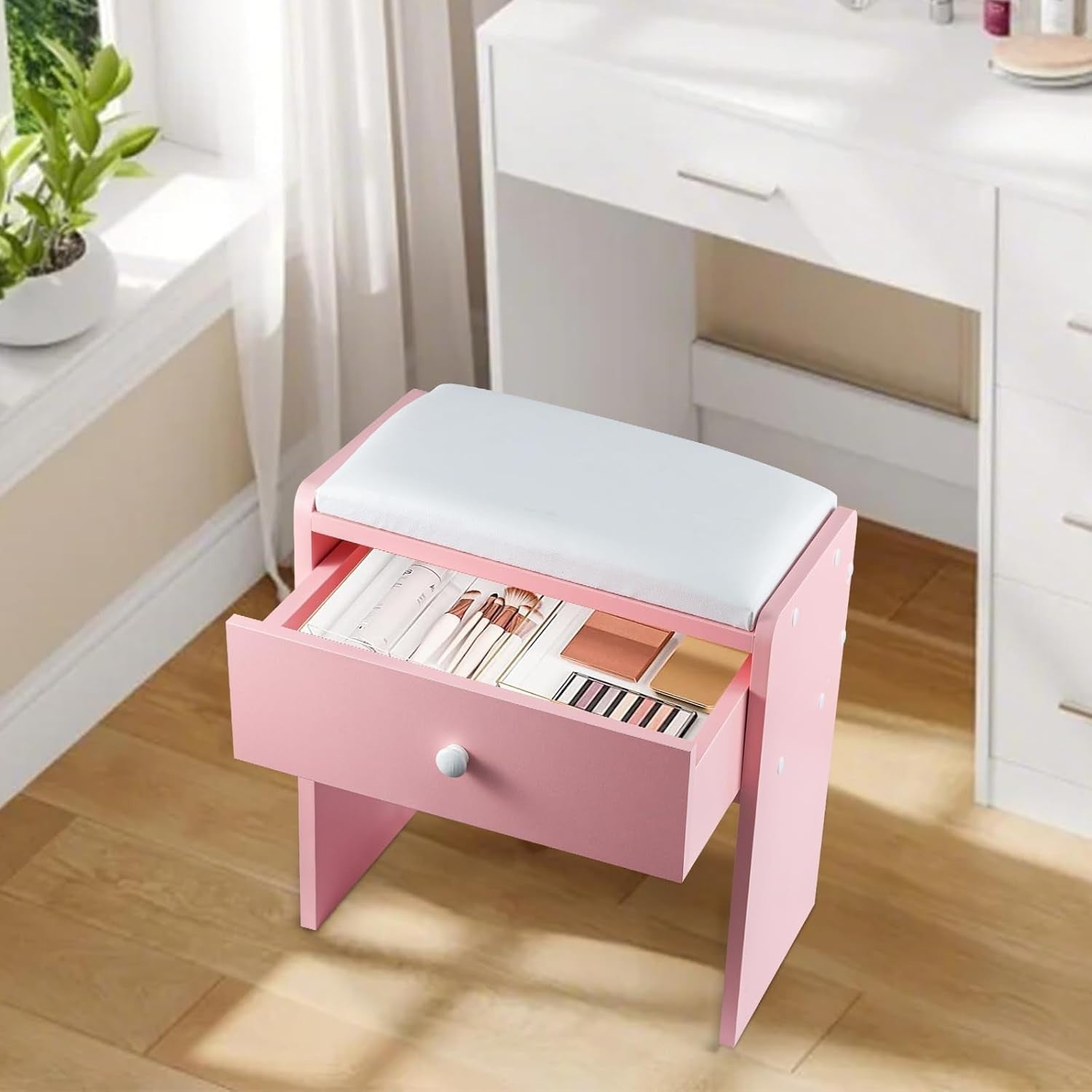 Pink Wooden Vanity Stool with Storage Drawer – Soft Padded Makeup Chair