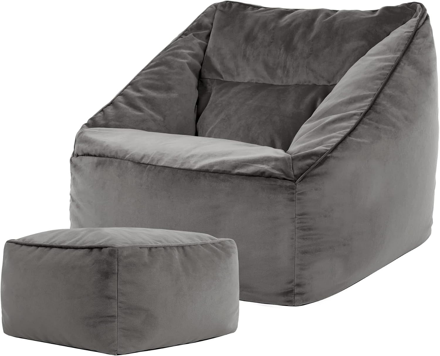 Charcoal Grey Velvet Bean Bag Chair Adult Armchair with Footstool Seat