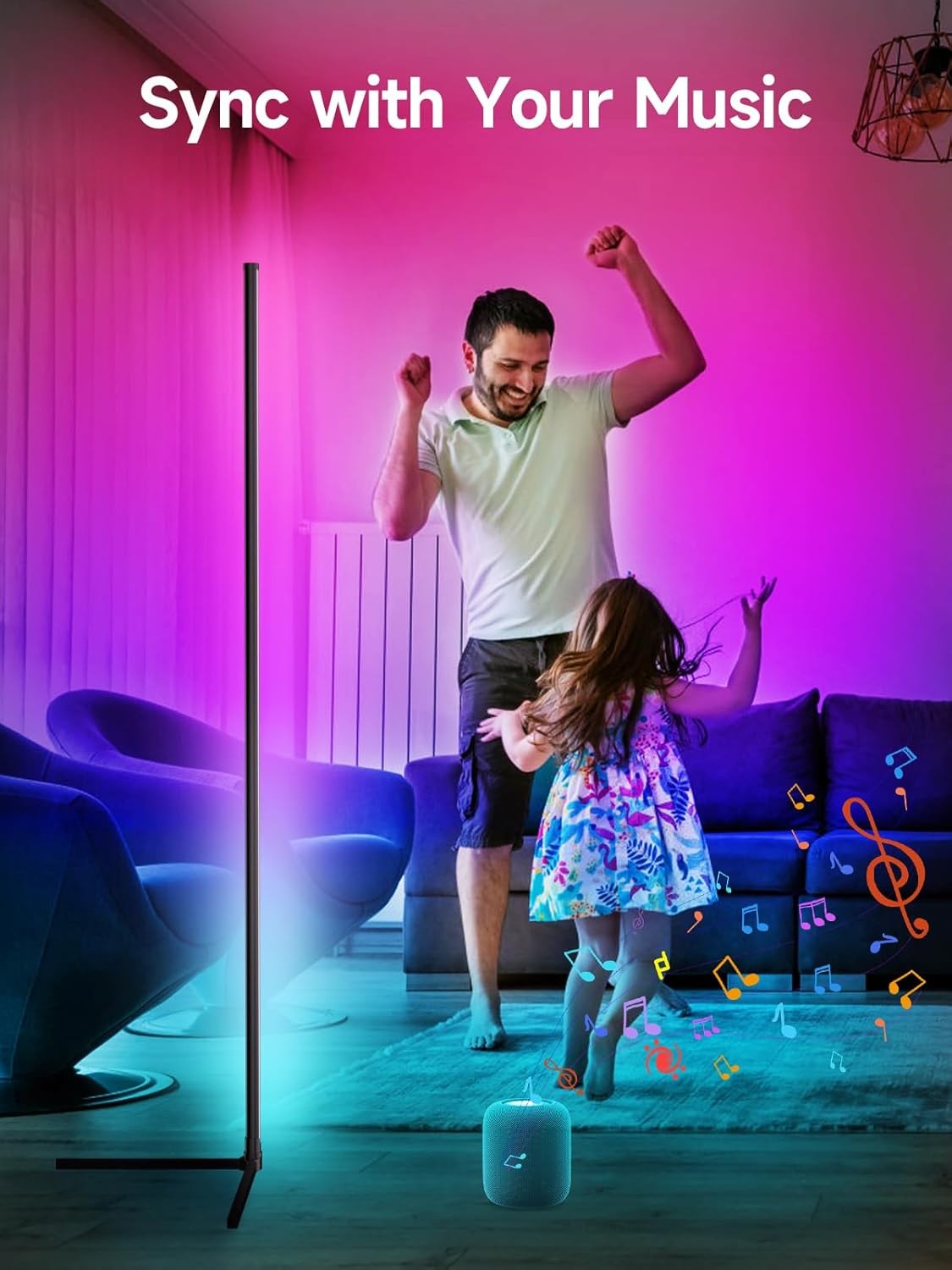 RGB LED Corner Floor Lamp Music Sync App Remote 16M Colours Mood Light