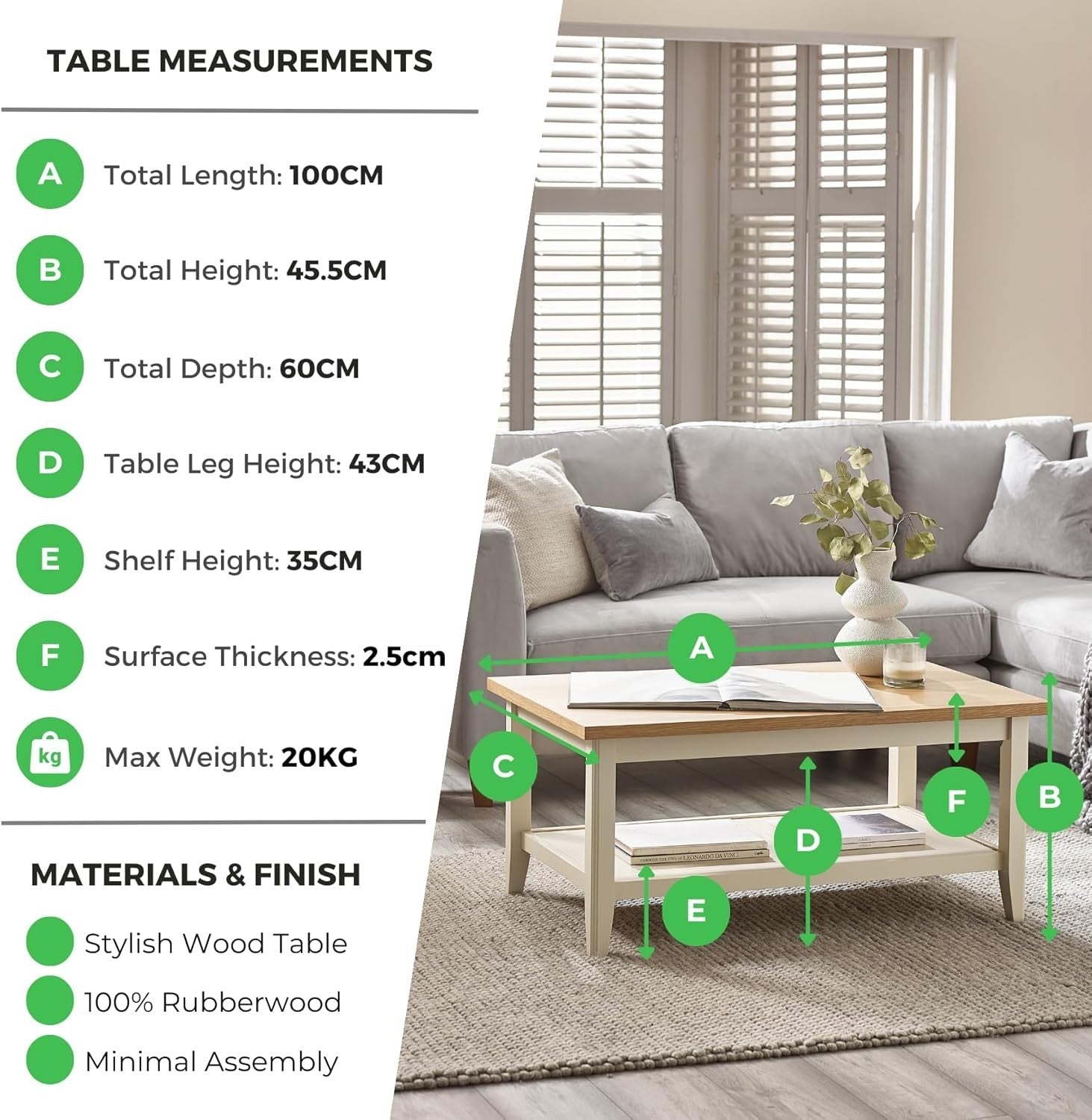 Solid Wood Coffee Table Farmhouse Style – Pale Oak Top Cream Legs – Modern