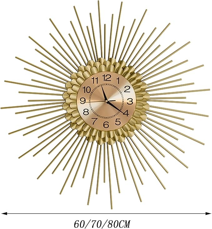 Luxury Gold Sunburst Wall Clock 60cm Modern Metal Silent Quartz Home Decor